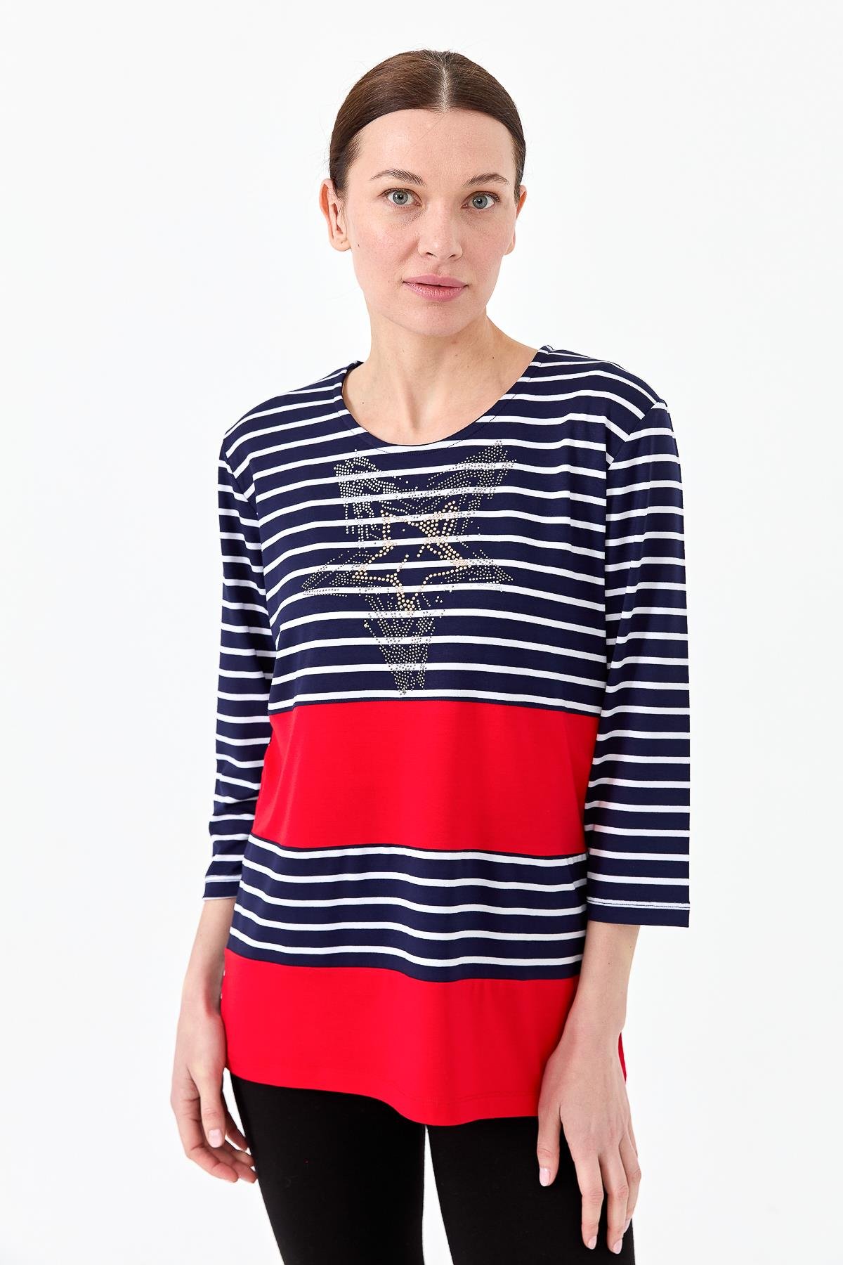 22770Kadın Sıfır Yaka Çizgili Önü Taşlı Penye Bluz Lacivert