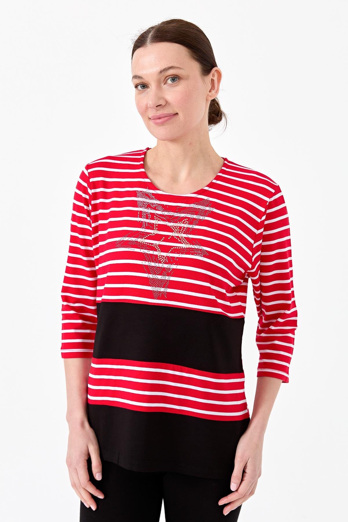 22770Kadın Sıfır Yaka Çizgili Önü Taşlı Penye Bluz Kırmızı