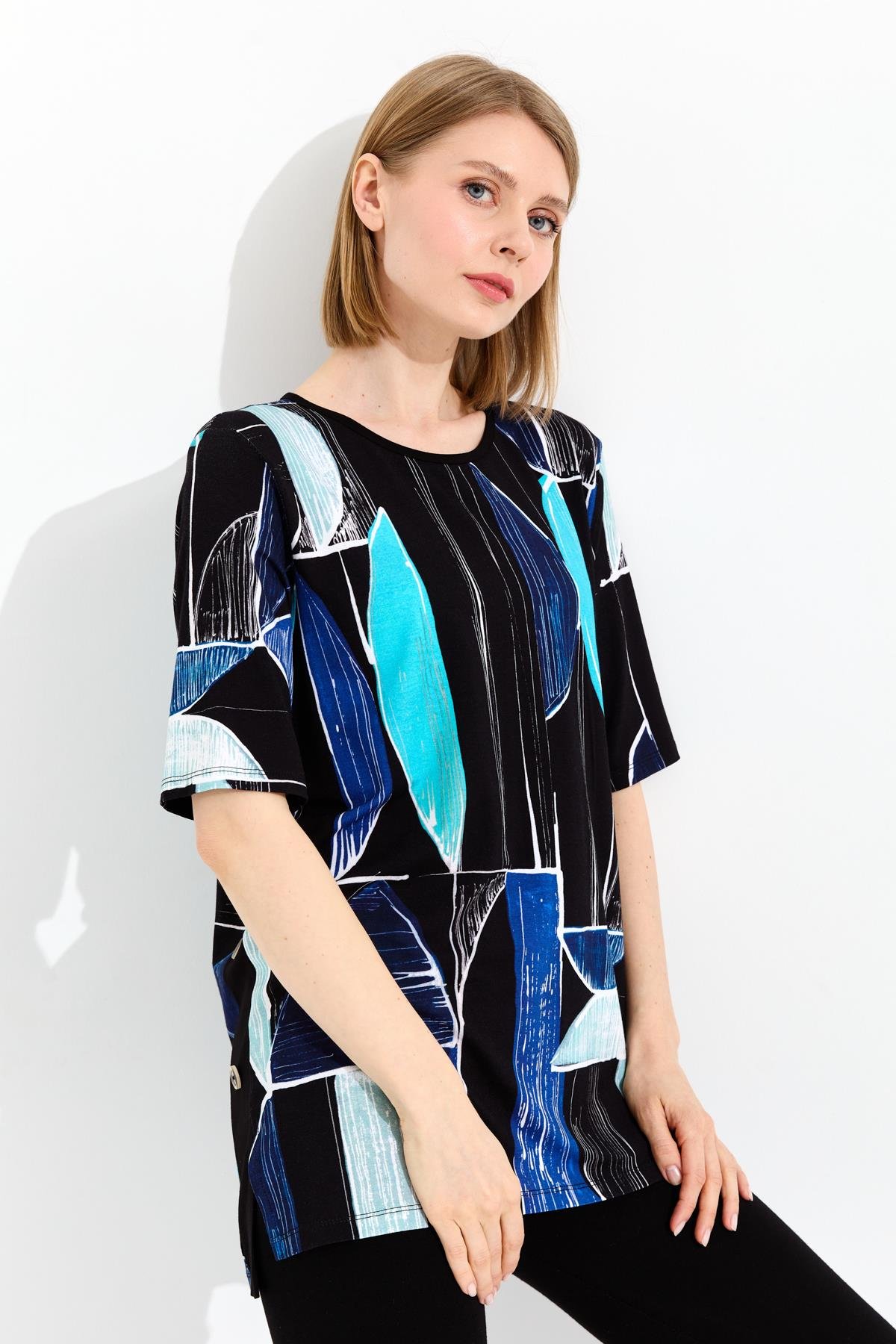 23731Kadın Sıfır Yaka Çizgili Penye T-shirt Lacivert