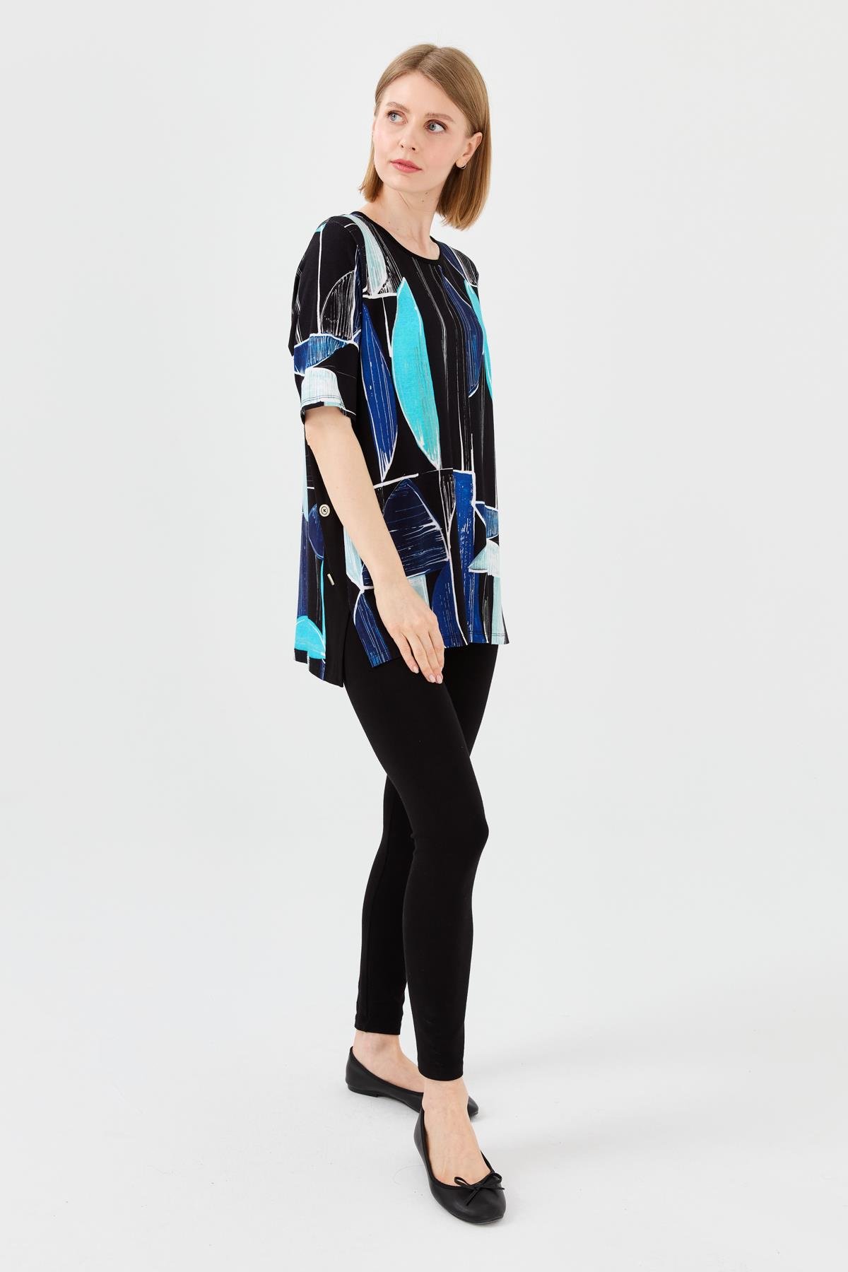 23731Kadın Sıfır Yaka Çizgili Penye T-shirt Lacivert