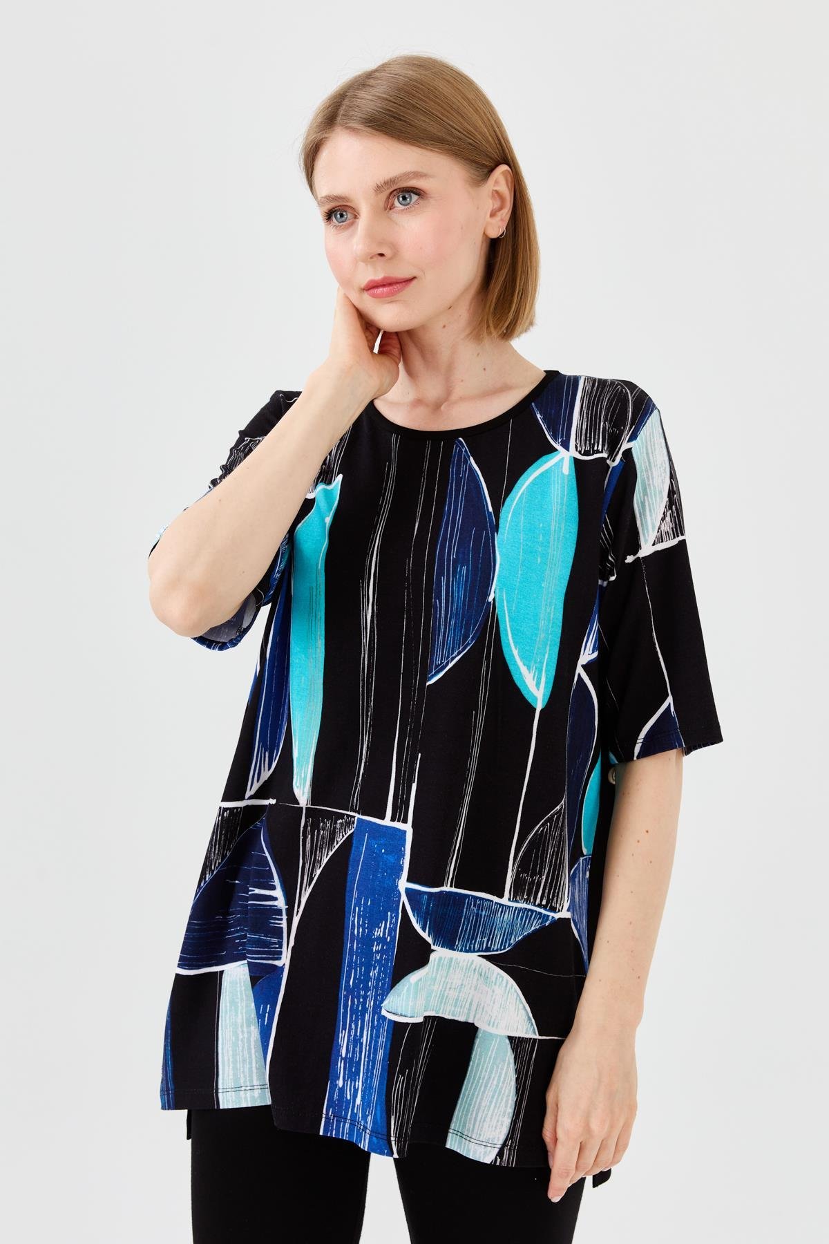 23731Kadın Sıfır Yaka Çizgili Penye T-shirt Lacivert