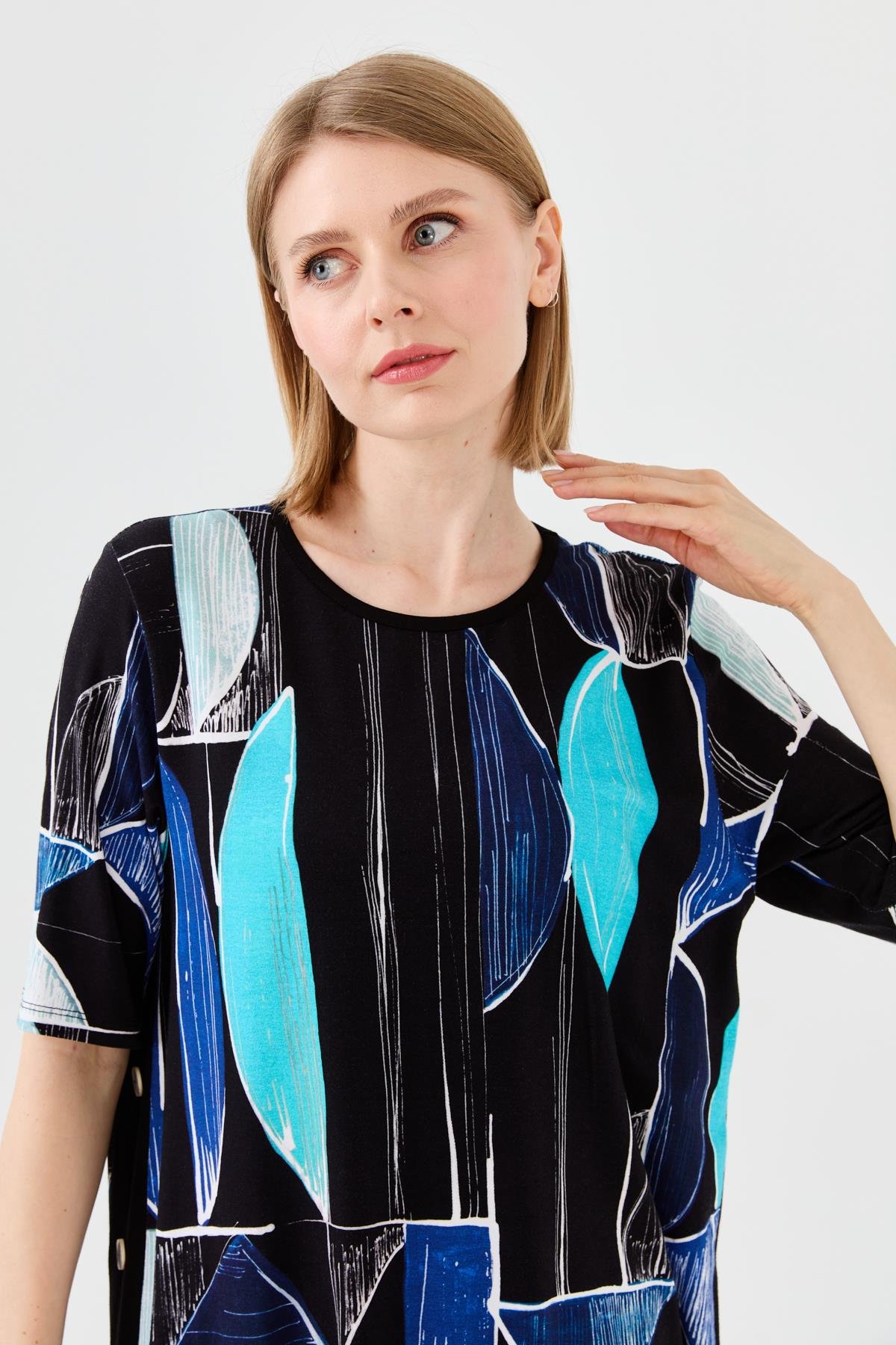 23731Kadın Sıfır Yaka Çizgili Penye T-shirt Lacivert