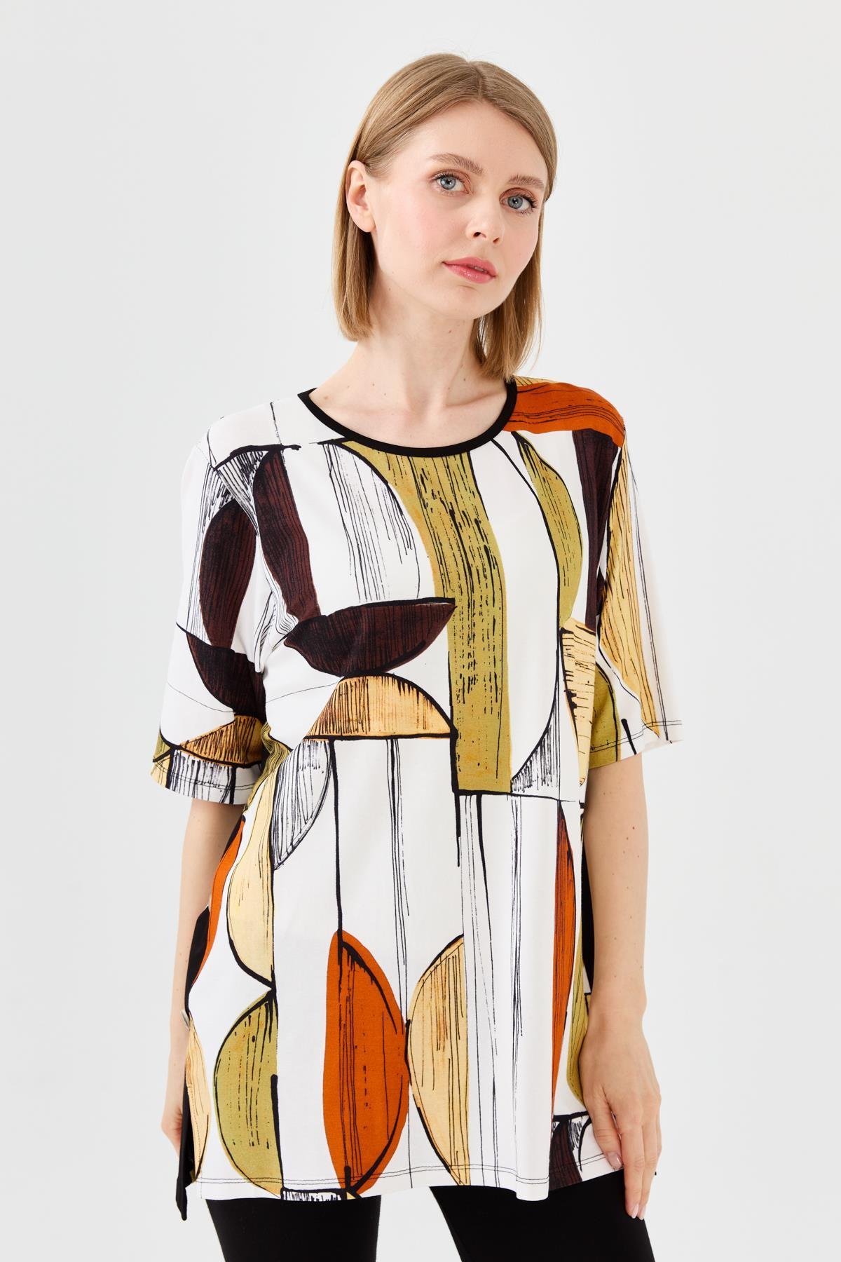 23731Kadın Sıfır Yaka Çizgili Penye T-shirt Siyah