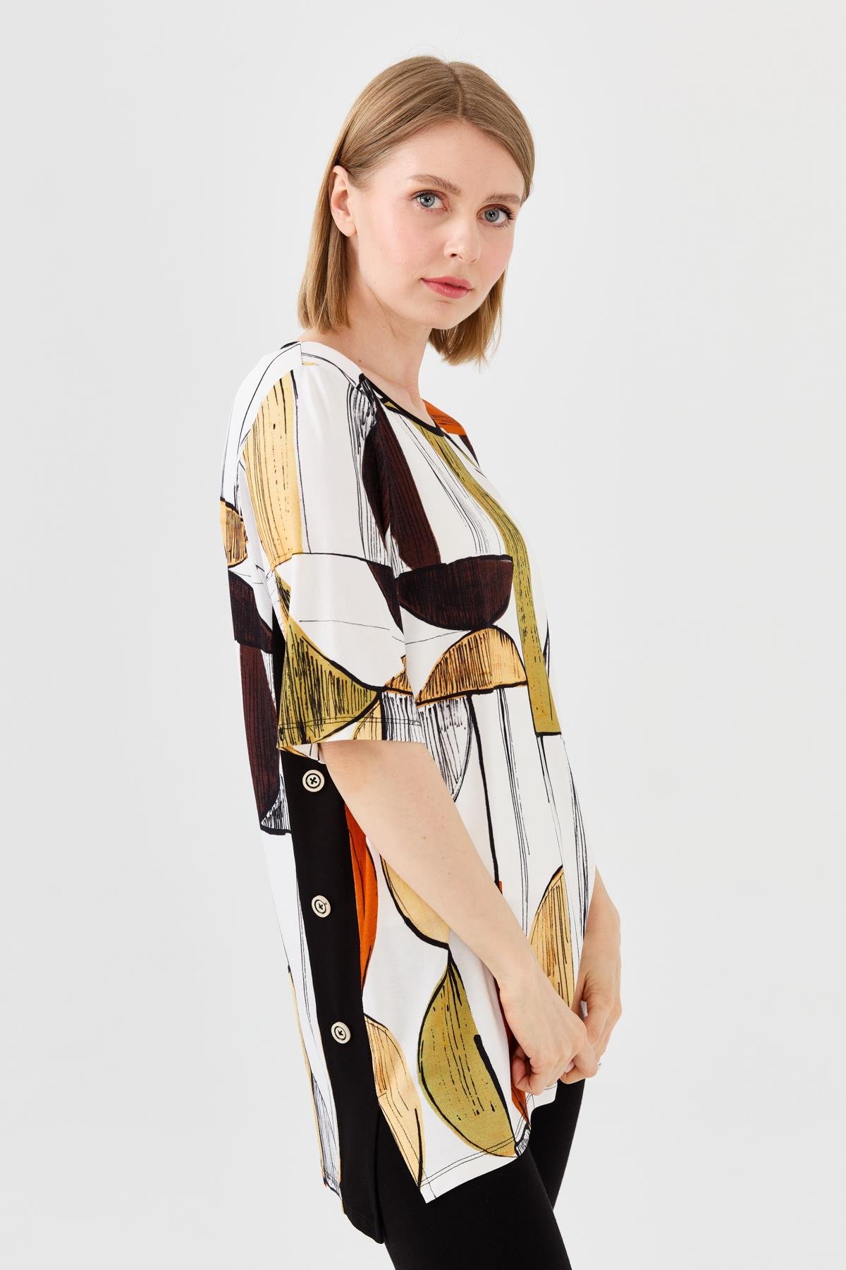 23731Kadın Sıfır Yaka Çizgili Penye T-shirt Siyah