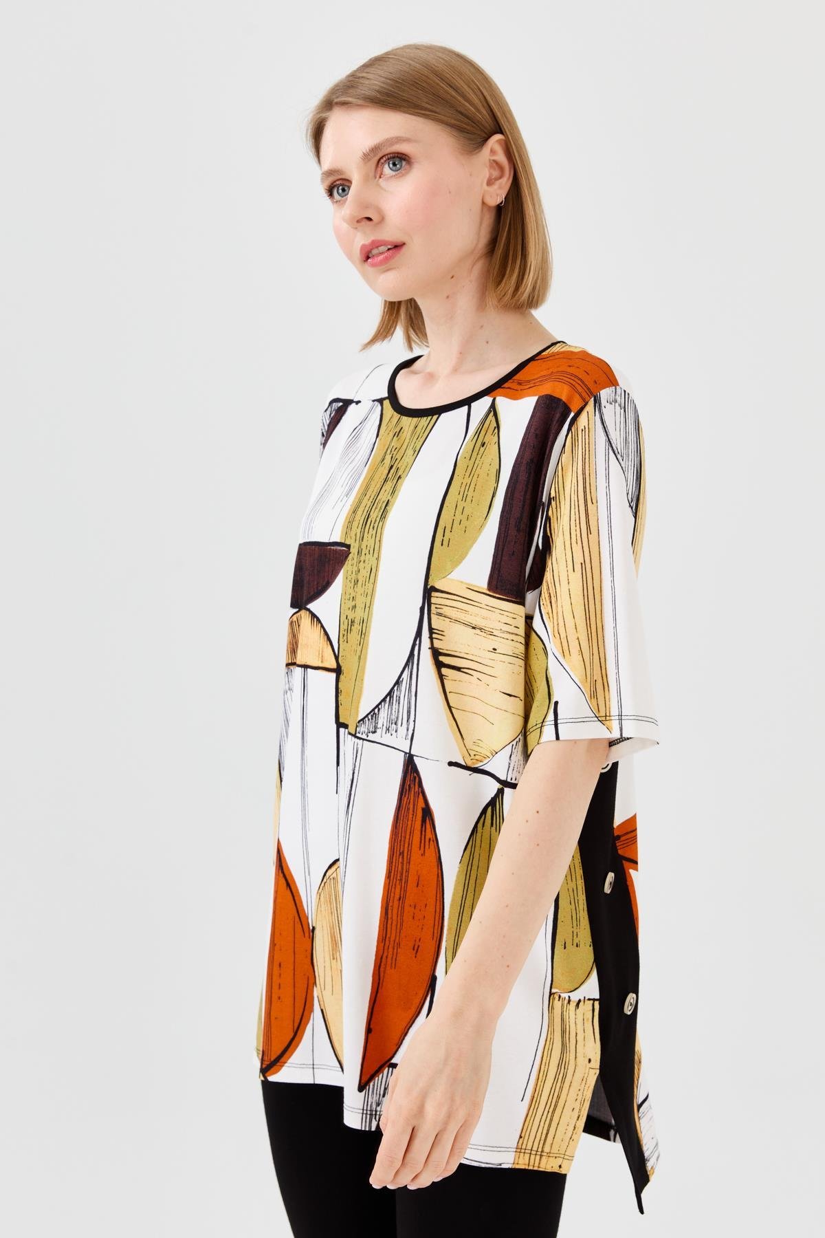 23731Kadın Sıfır Yaka Çizgili Penye T-shirt Siyah