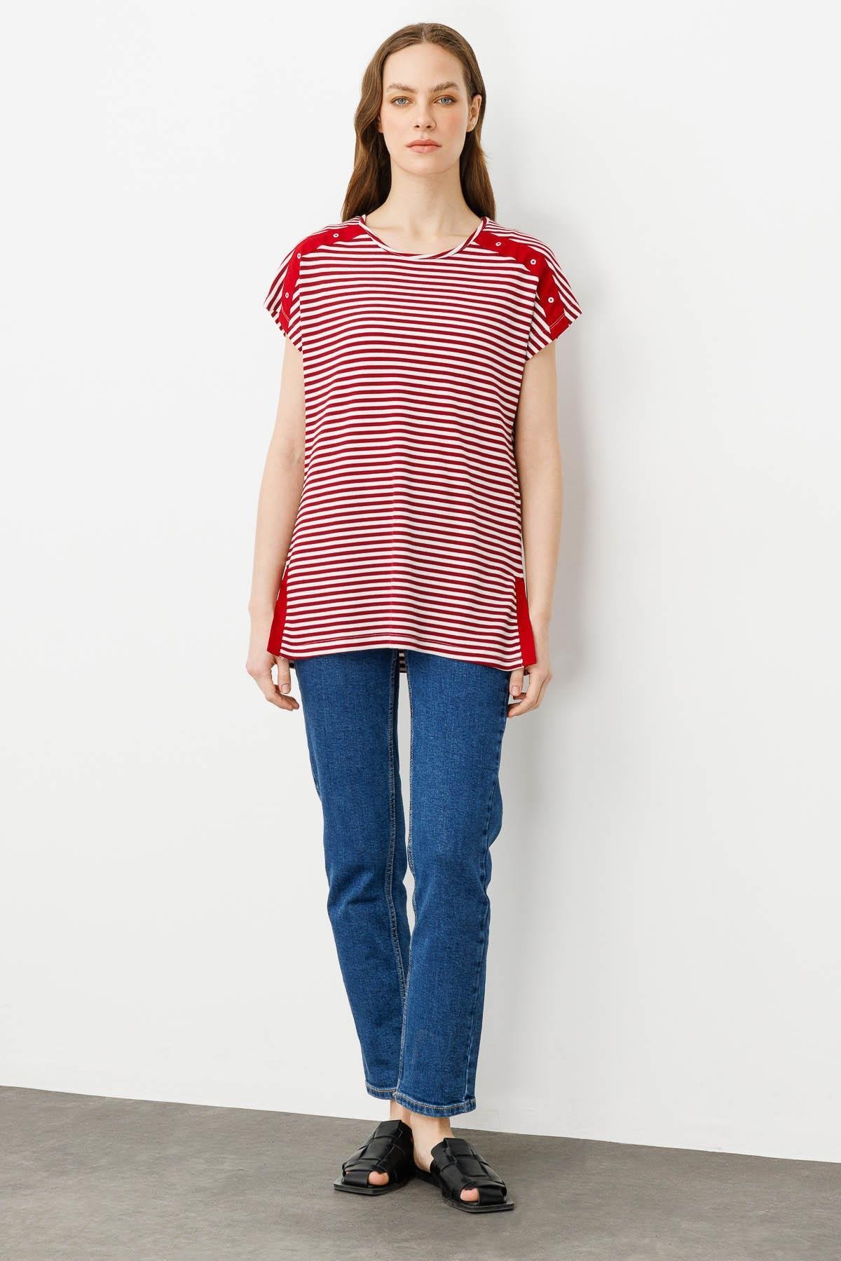 21742Kadın Sıfır Yaka Çizgili Penye T-shirt Kırmızı