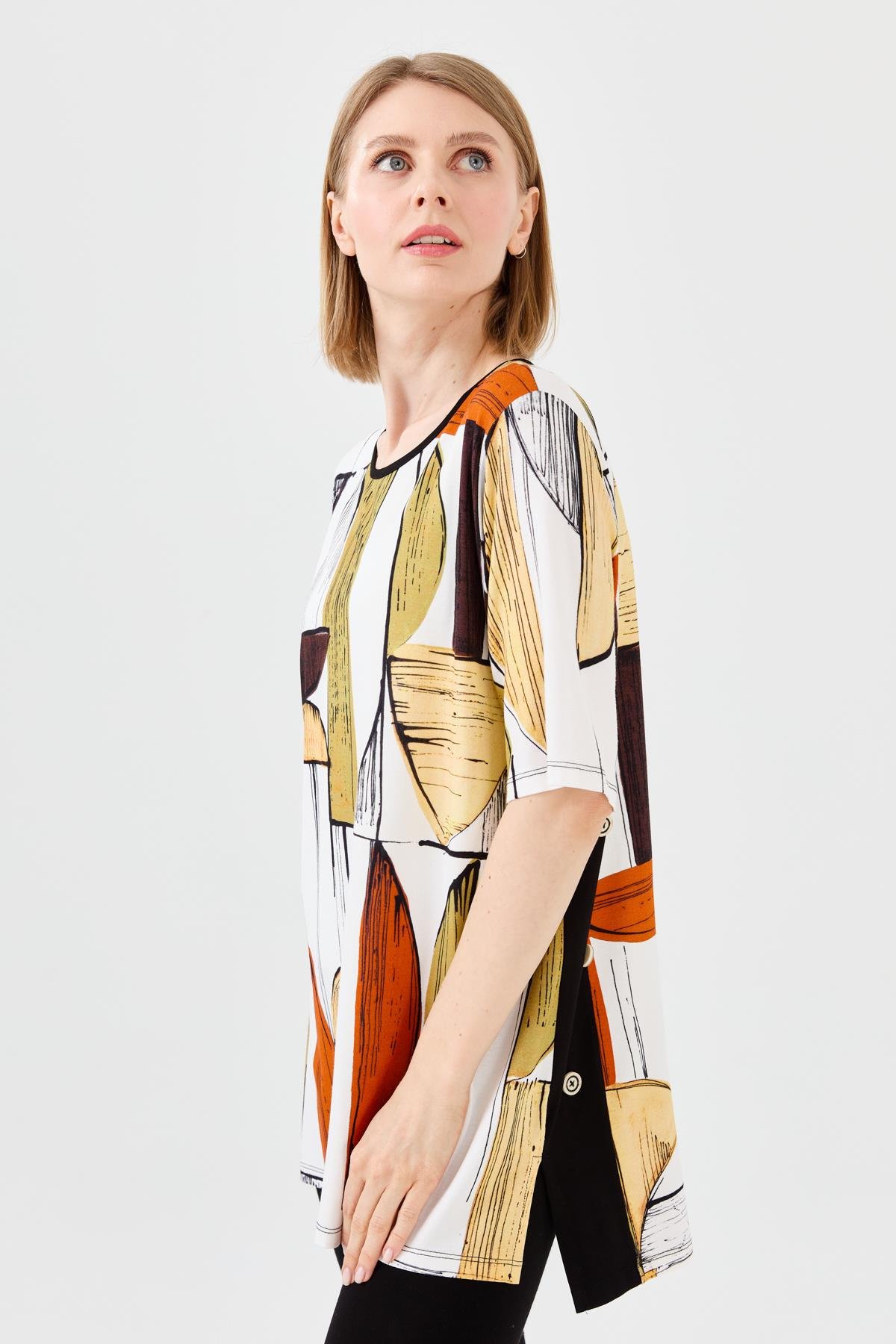 23731Kadın Sıfır Yaka Çizgili Penye T-shirt Siyah