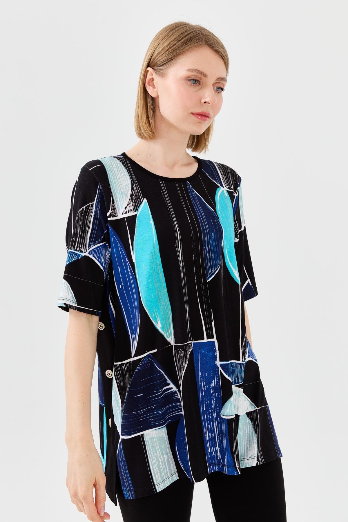 23731Kadın Sıfır Yaka Çizgili Penye T-shirt Lacivert