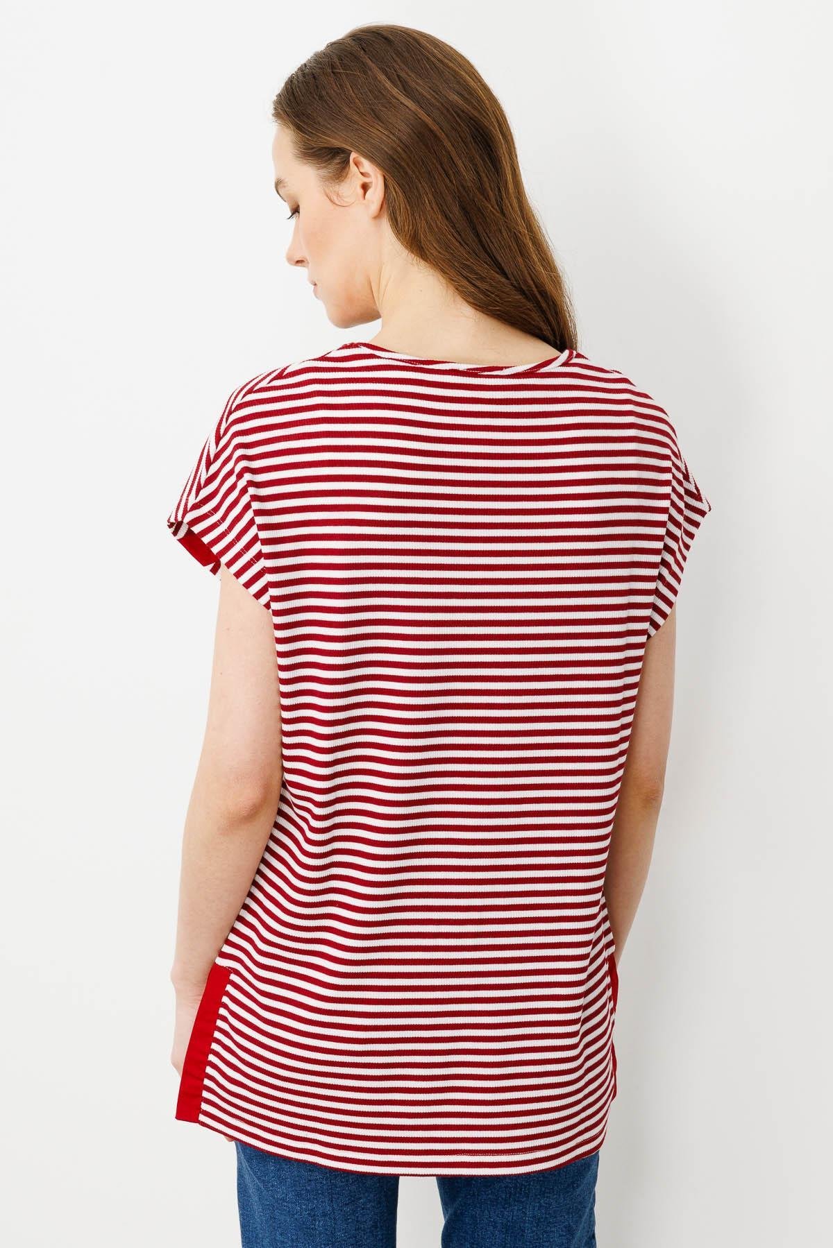 21742Kadın Sıfır Yaka Çizgili Penye T-shirt Kırmızı