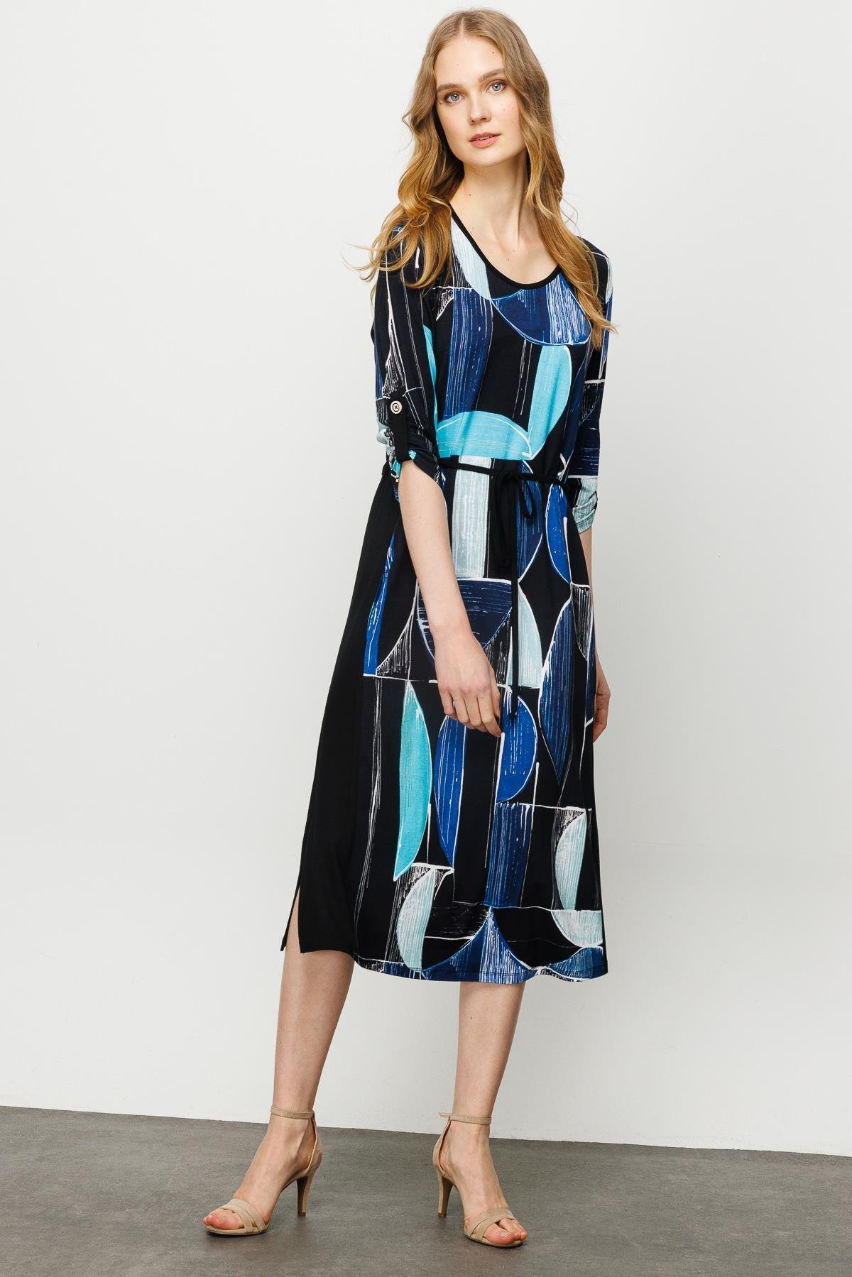 23732Kadın Sıfır Yaka Çizgili Renkli Desenli Penye Elbise Lacivert