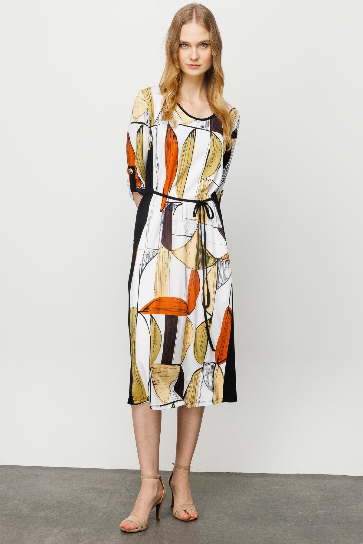 23732Kadın Sıfır Yaka Çizgili Renkli Desenli Penye Elbise Siyah