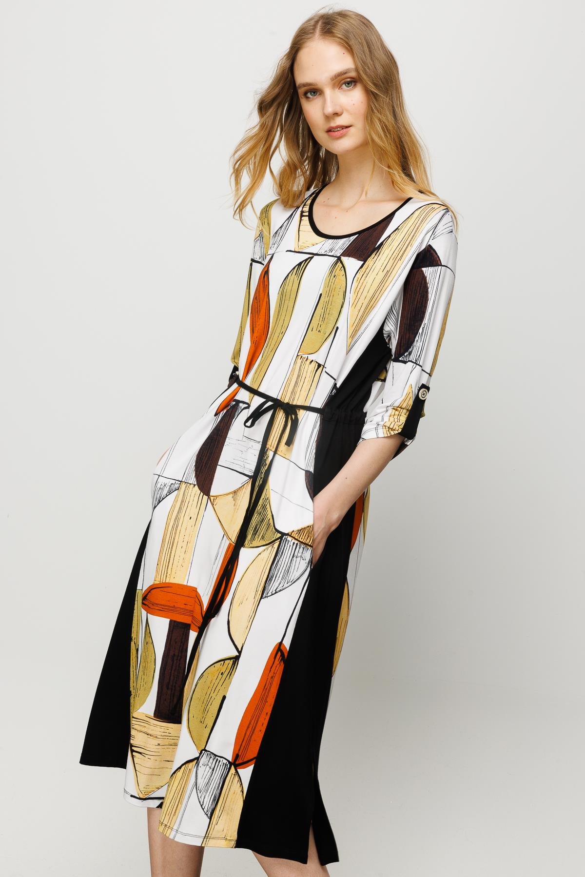 23732Kadın Sıfır Yaka Çizgili Renkli Desenli Penye Elbise Siyah