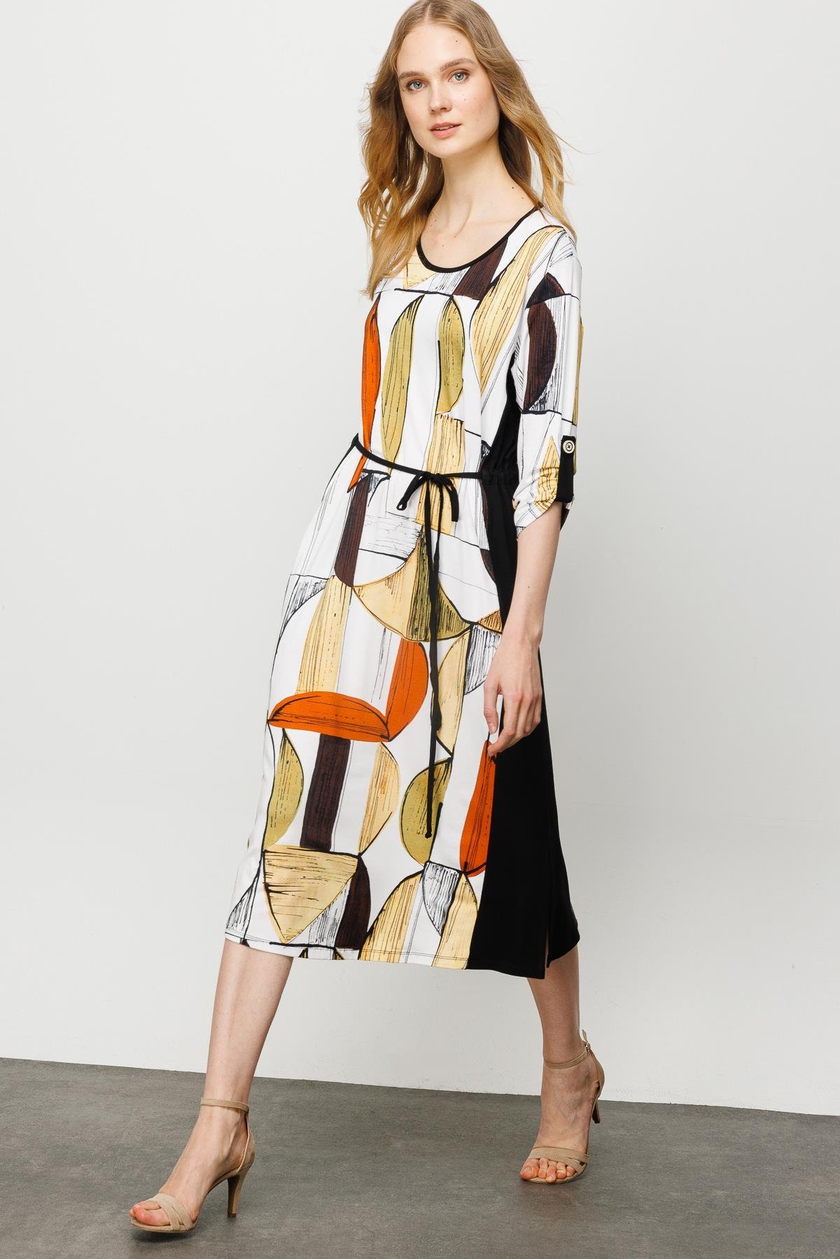 23732Kadın Sıfır Yaka Çizgili Renkli Desenli Penye Elbise Siyah