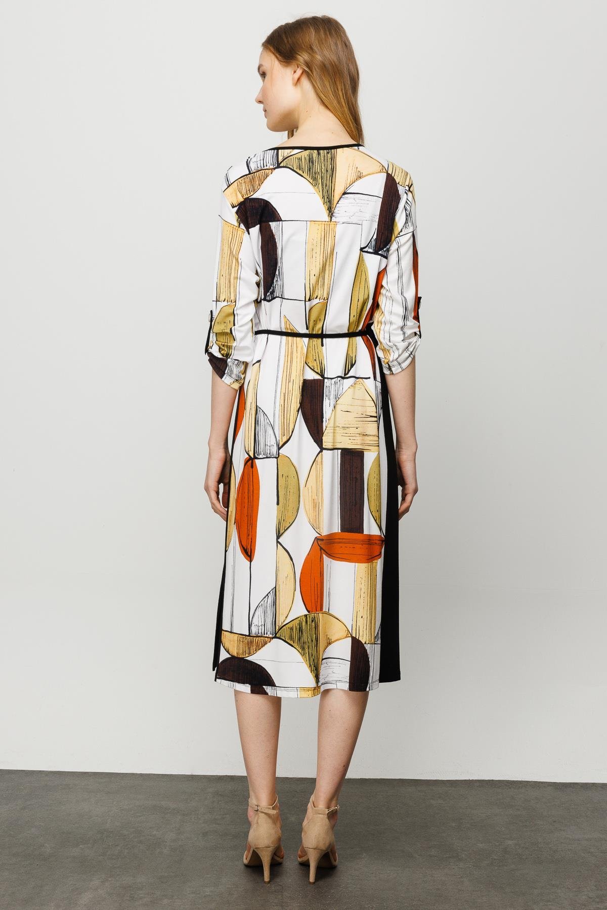 23732Kadın Sıfır Yaka Çizgili Renkli Desenli Penye Elbise Siyah