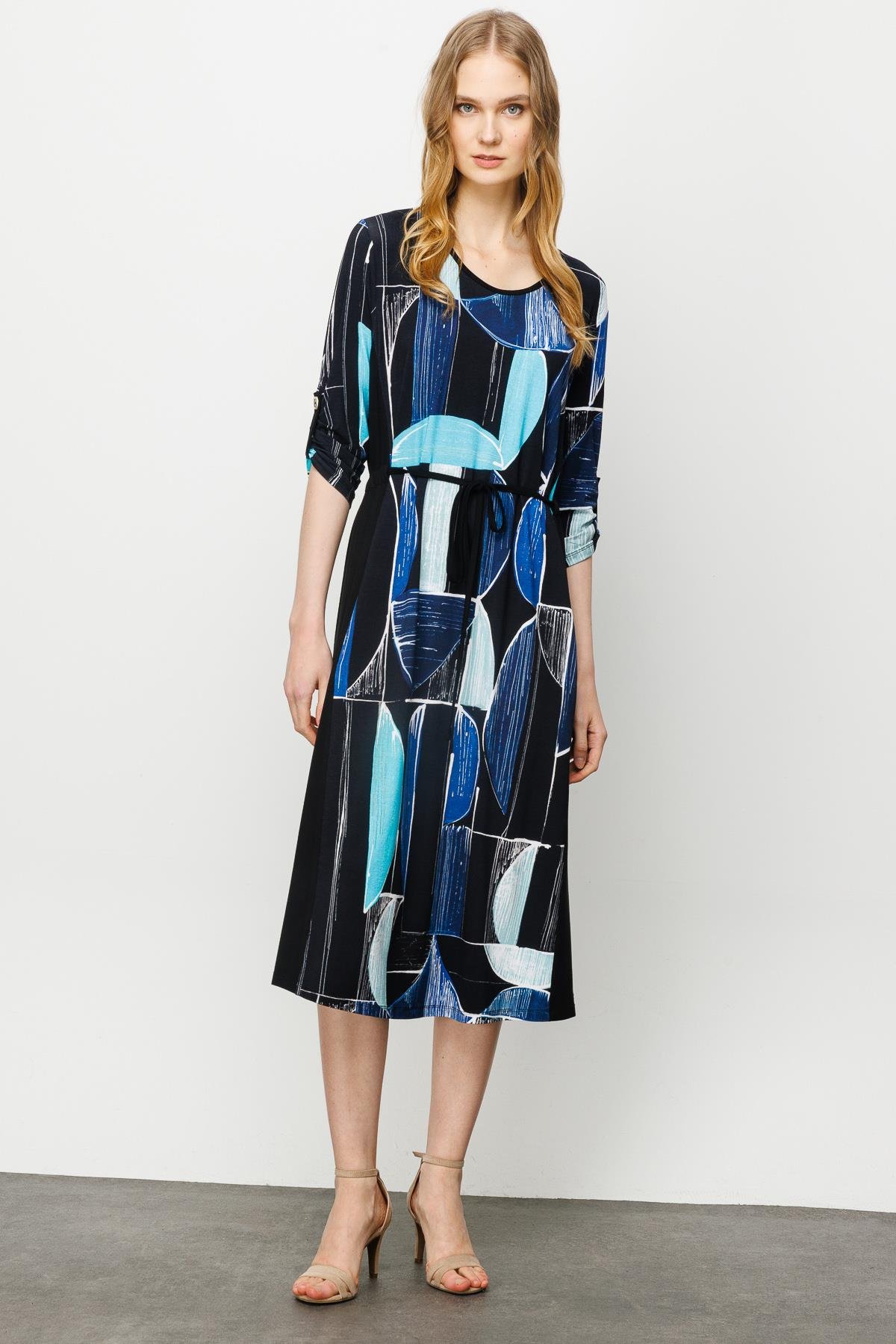 23732Kadın Sıfır Yaka Çizgili Renkli Desenli Penye Elbise Lacivert