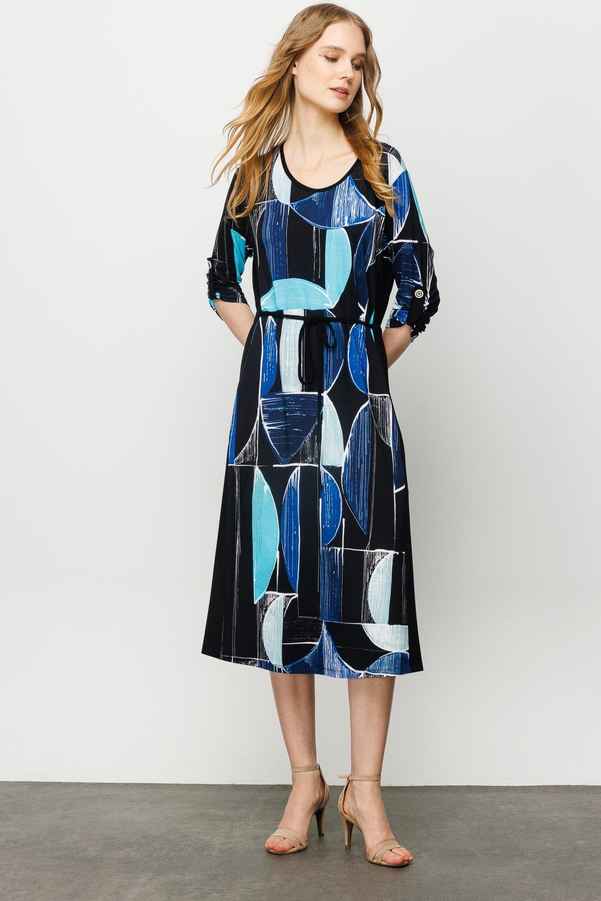 23732Kadın Sıfır Yaka Çizgili Renkli Desenli Penye Elbise Lacivert