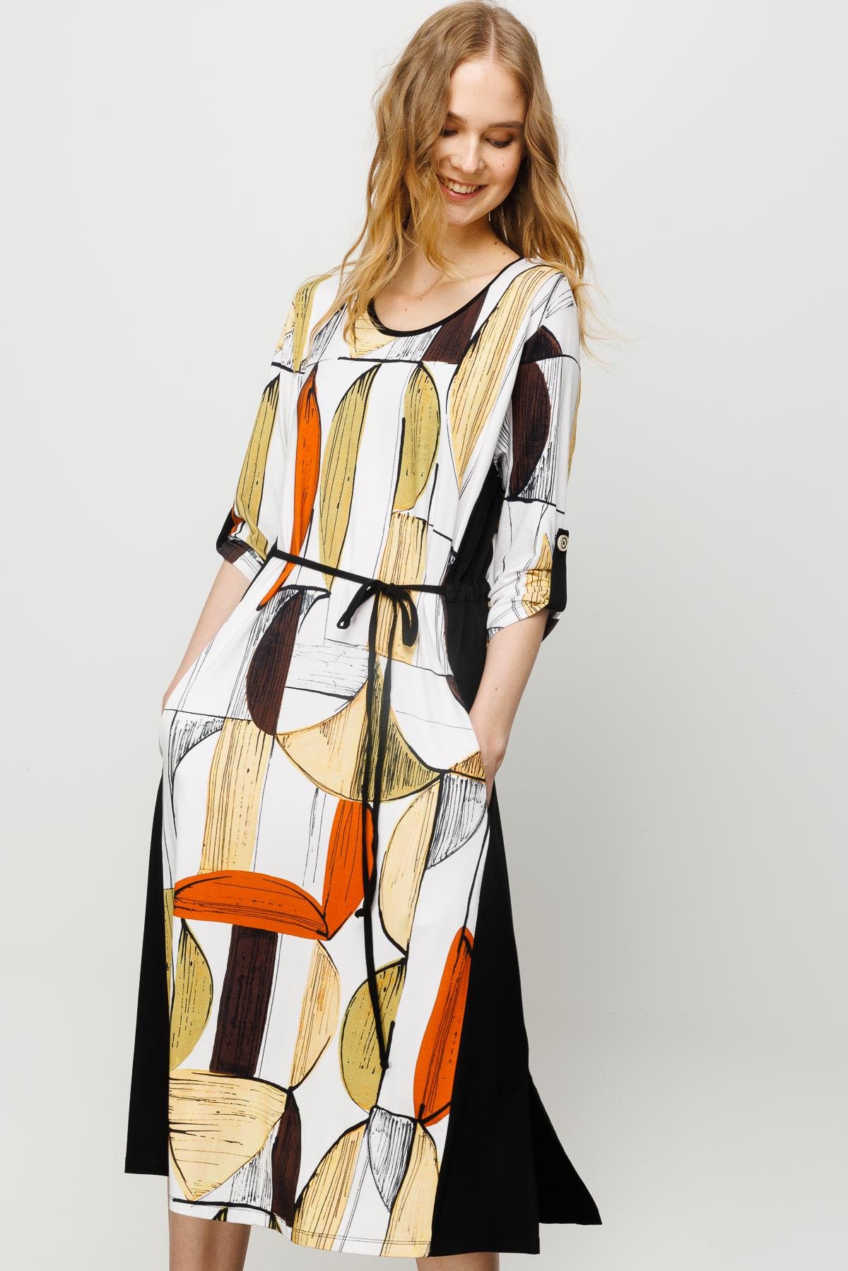 23732Kadın Sıfır Yaka Çizgili Renkli Desenli Penye Elbise Siyah