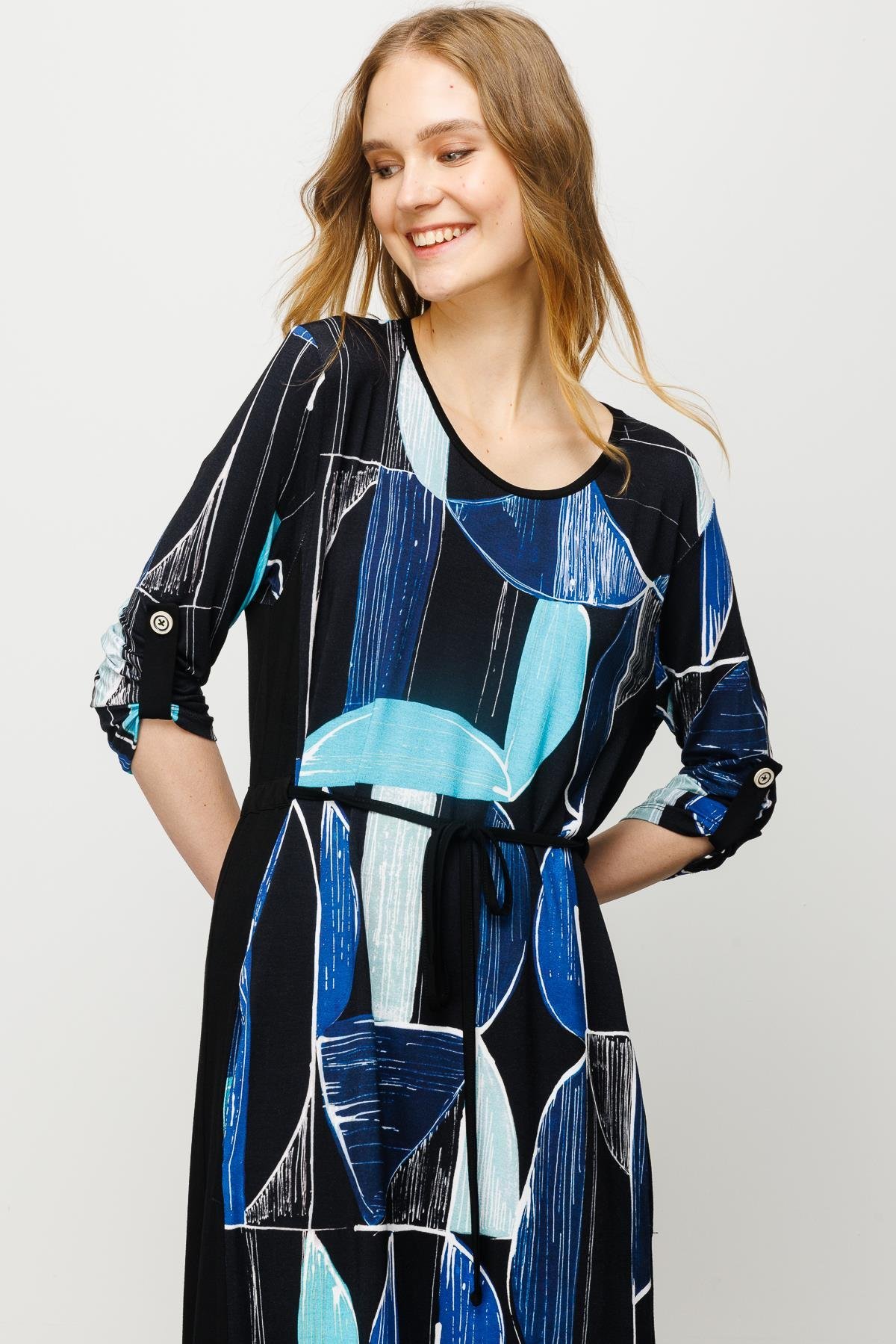 23732Kadın Sıfır Yaka Çizgili Renkli Desenli Penye Elbise Lacivert