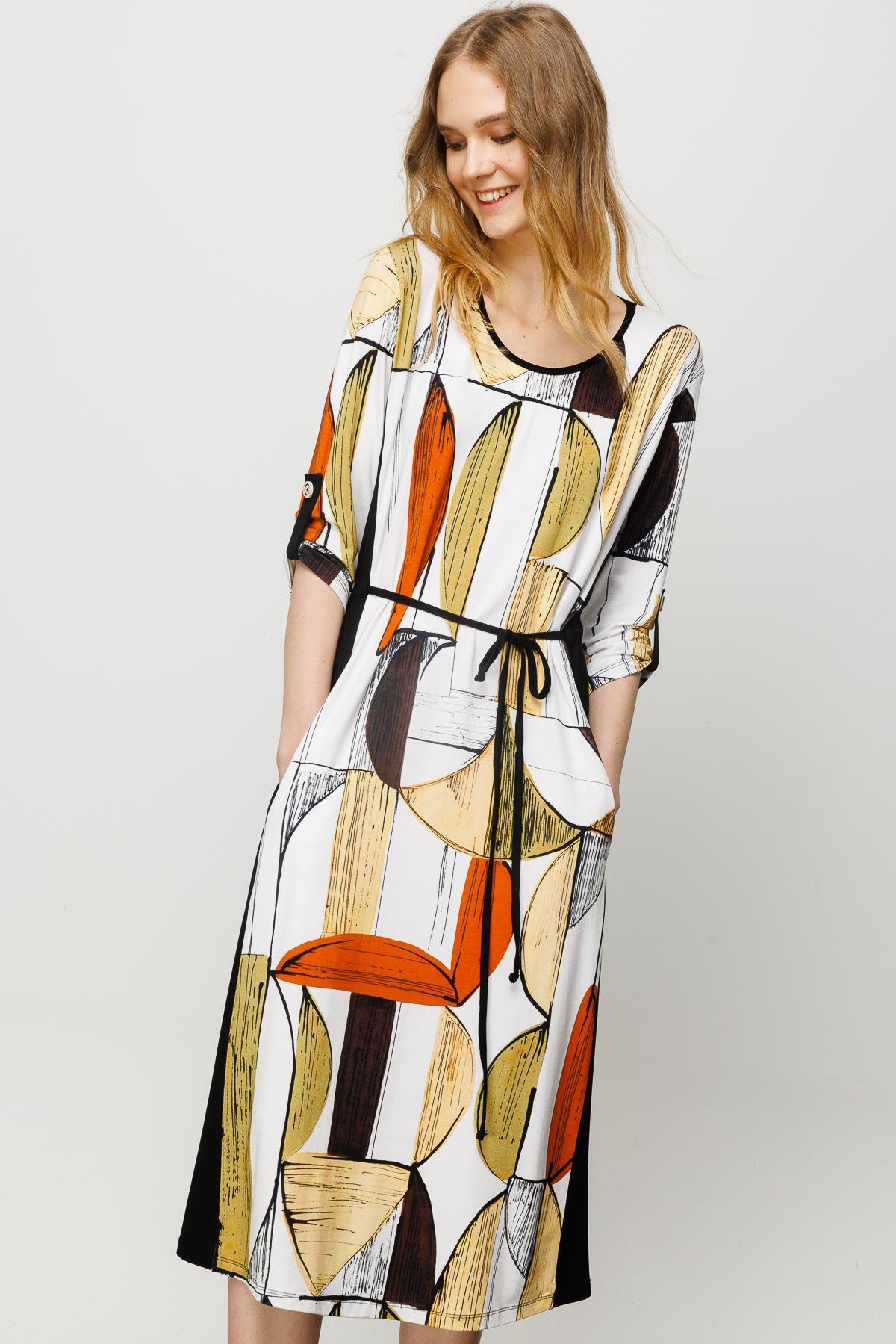 23732Kadın Sıfır Yaka Çizgili Renkli Desenli Penye Elbise Siyah