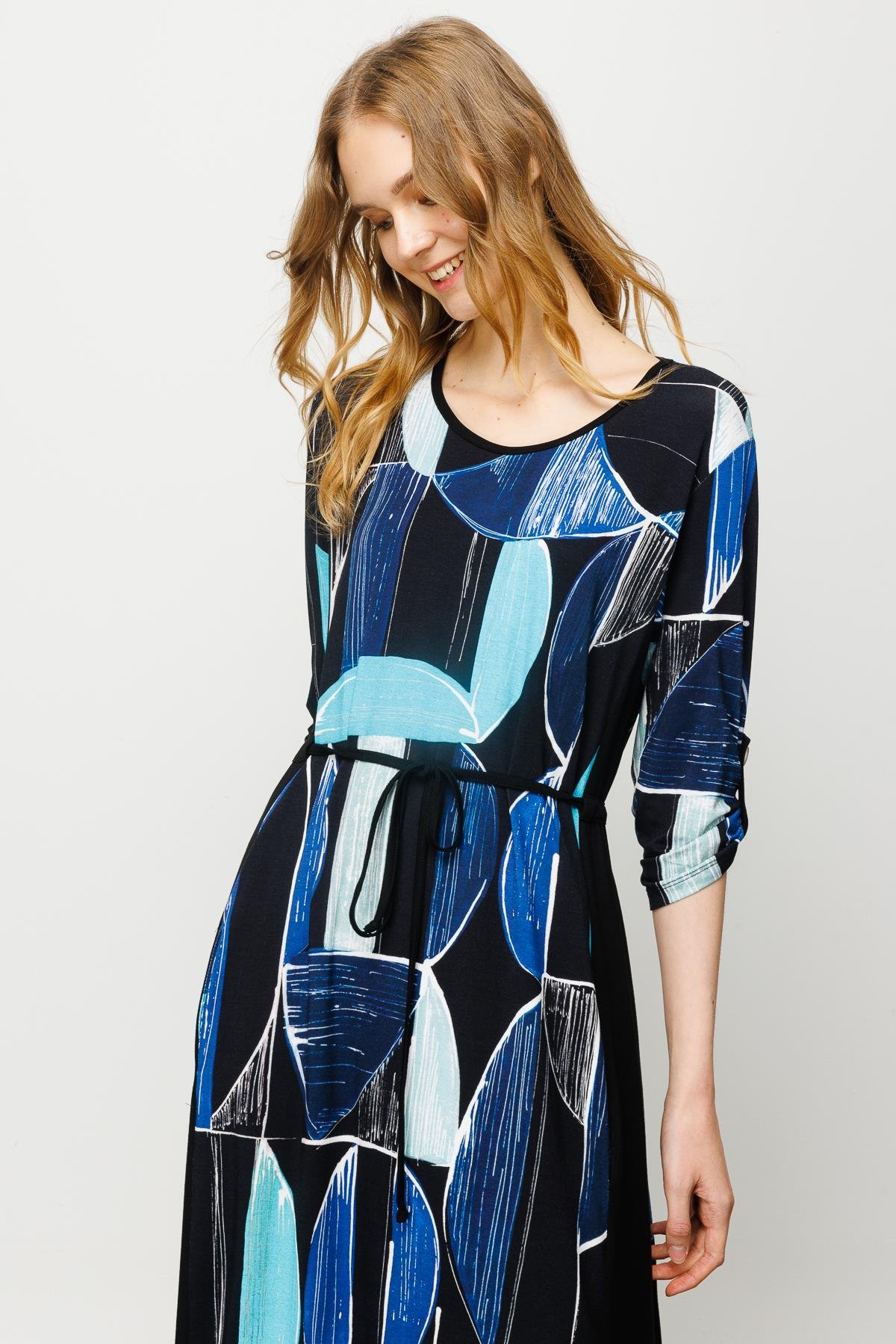 23732Kadın Sıfır Yaka Çizgili Renkli Desenli Penye Elbise Lacivert