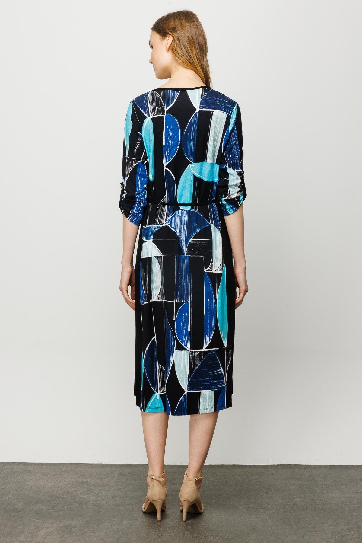 23732Kadın Sıfır Yaka Çizgili Renkli Desenli Penye Elbise Lacivert