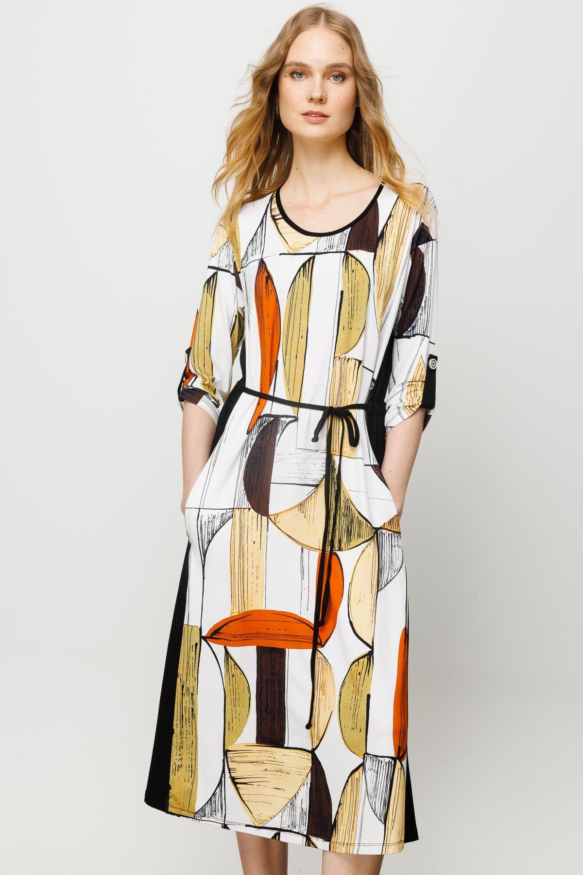 23732Kadın Sıfır Yaka Çizgili Renkli Desenli Penye Elbise Siyah