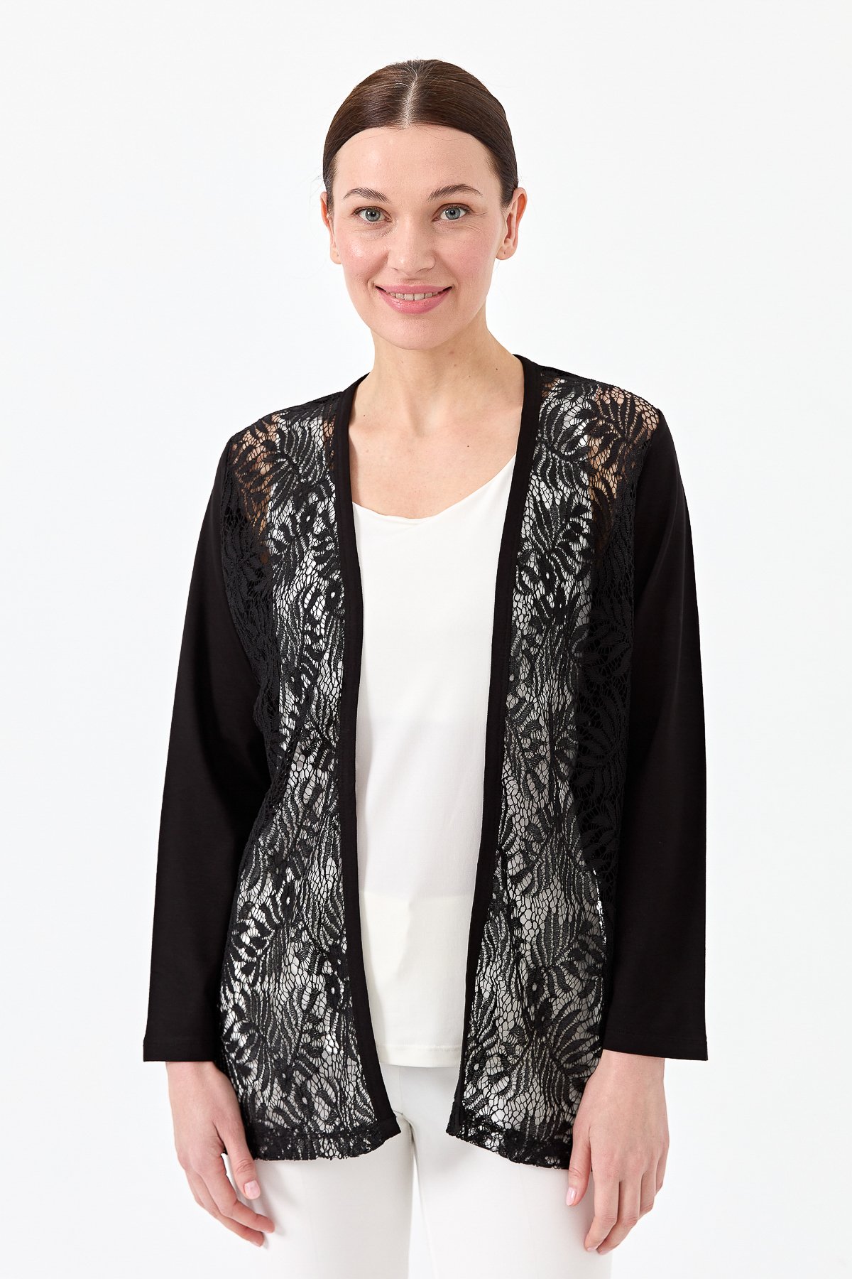 22768Kadın Sıfır Yaka Dantel Desenli Penye Ceket Siyah