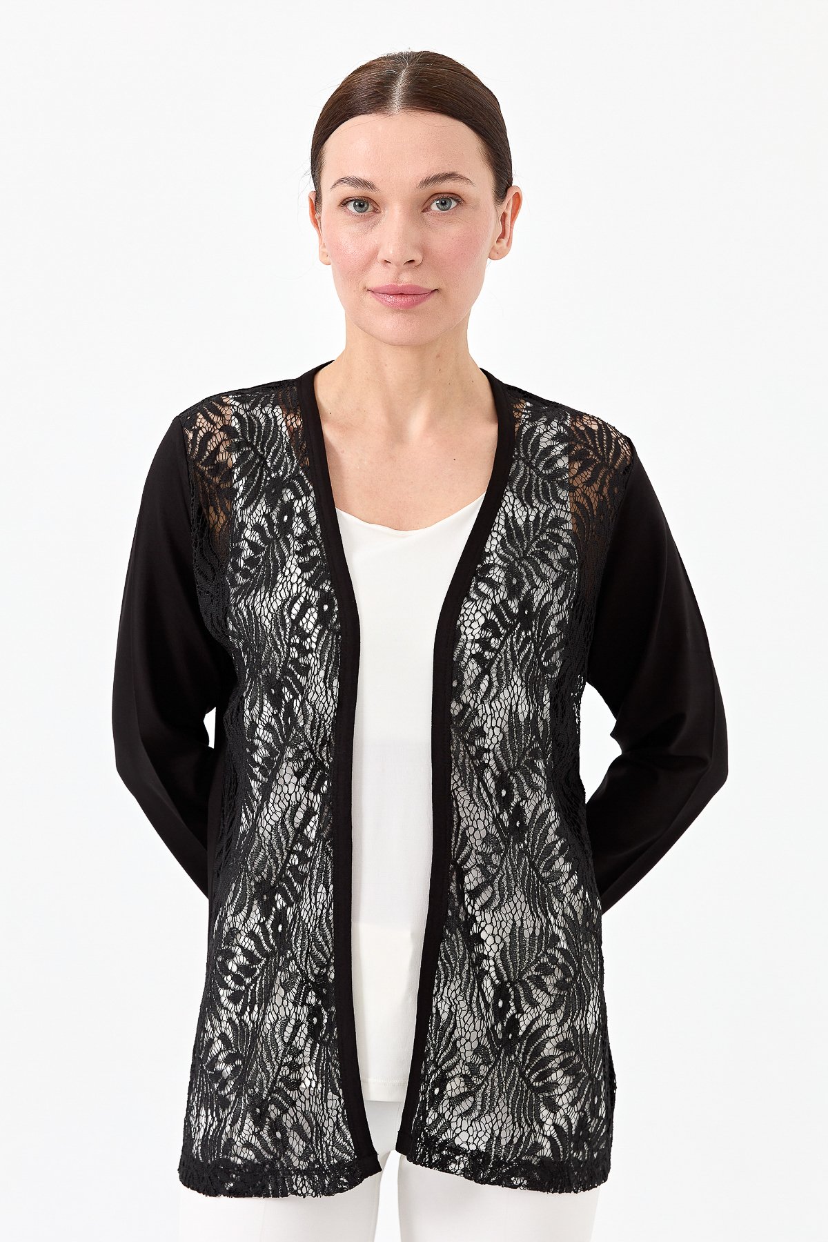22768Kadın Sıfır Yaka Dantel Desenli Penye Ceket Siyah