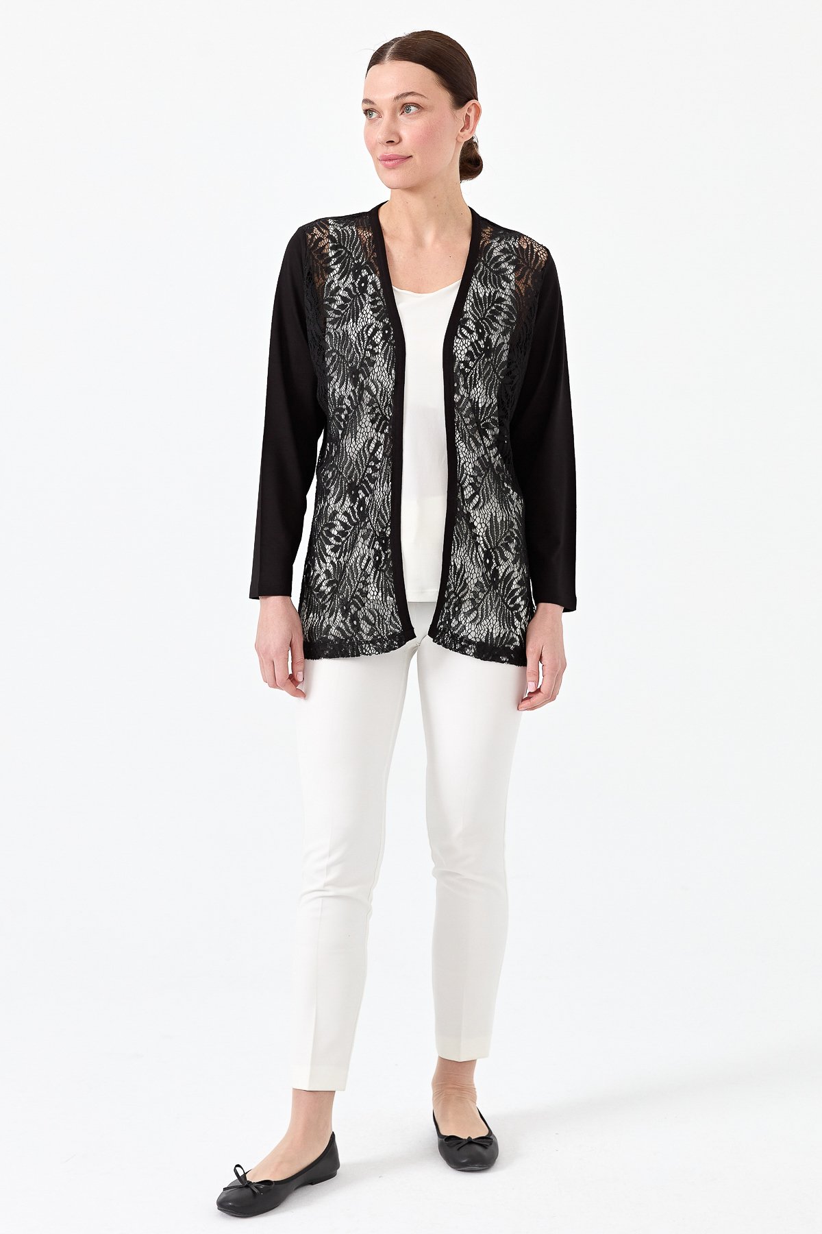 22768Kadın Sıfır Yaka Dantel Desenli Penye Ceket Siyah