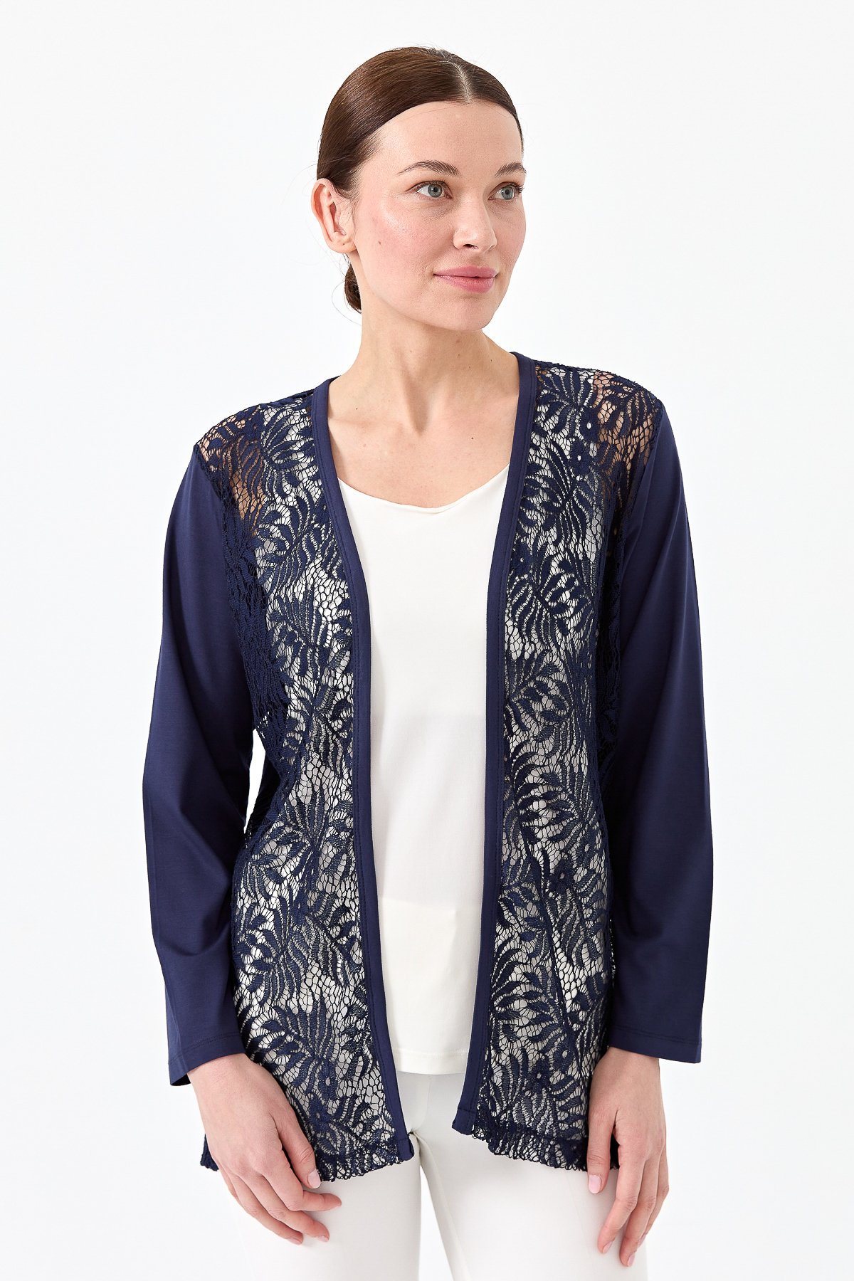 22768Kadın Sıfır Yaka Dantel Desenli Penye Ceket Lacivert
