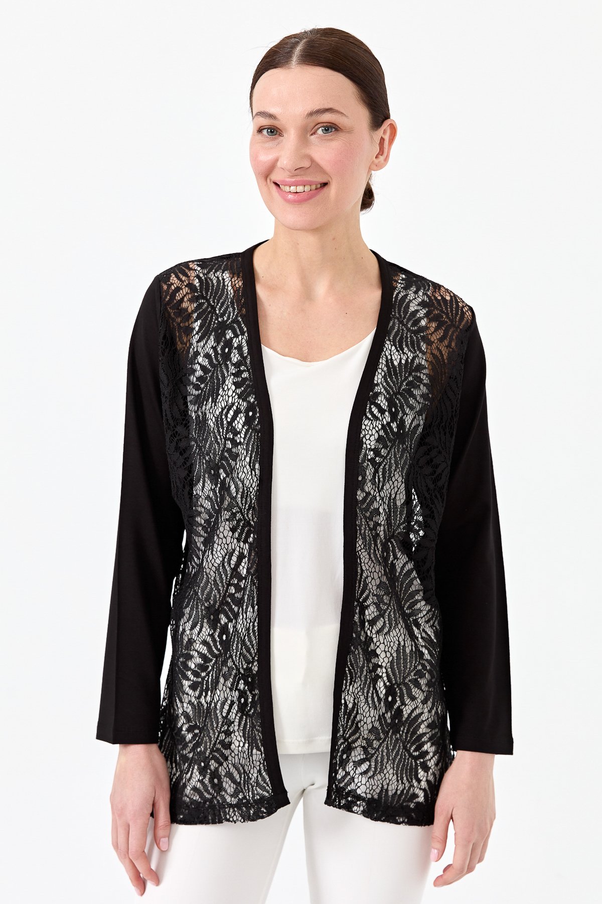 22768Kadın Sıfır Yaka Dantel Desenli Penye Ceket Siyah