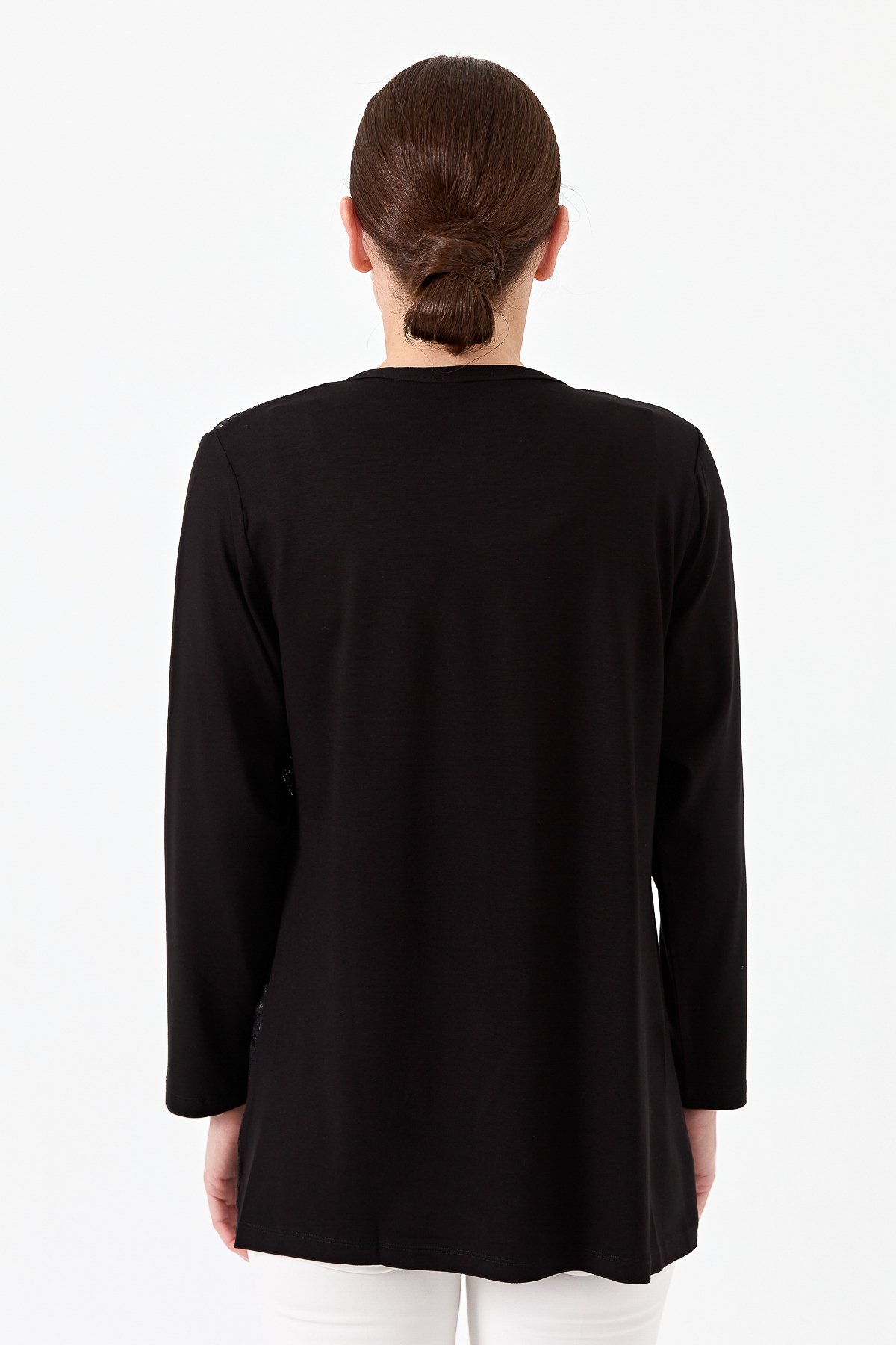 22768Kadın Sıfır Yaka Dantel Desenli Penye Ceket Siyah