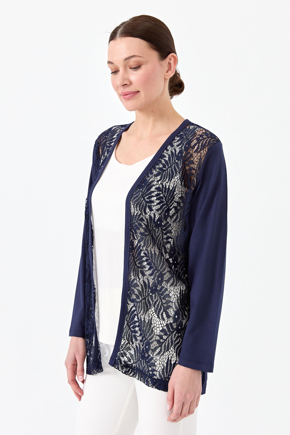 22768Kadın Sıfır Yaka Dantel Desenli Penye Ceket Lacivert