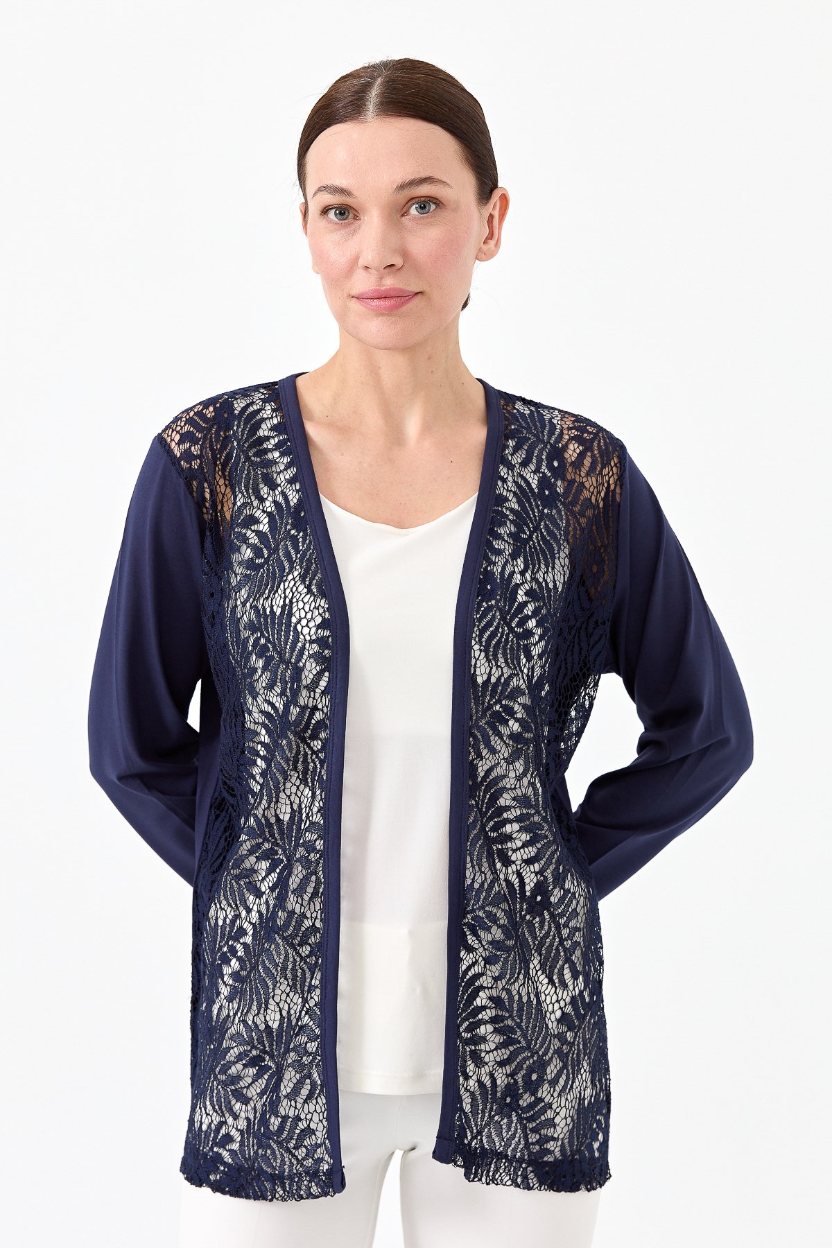 22768Kadın Sıfır Yaka Dantel Desenli Penye Ceket Lacivert