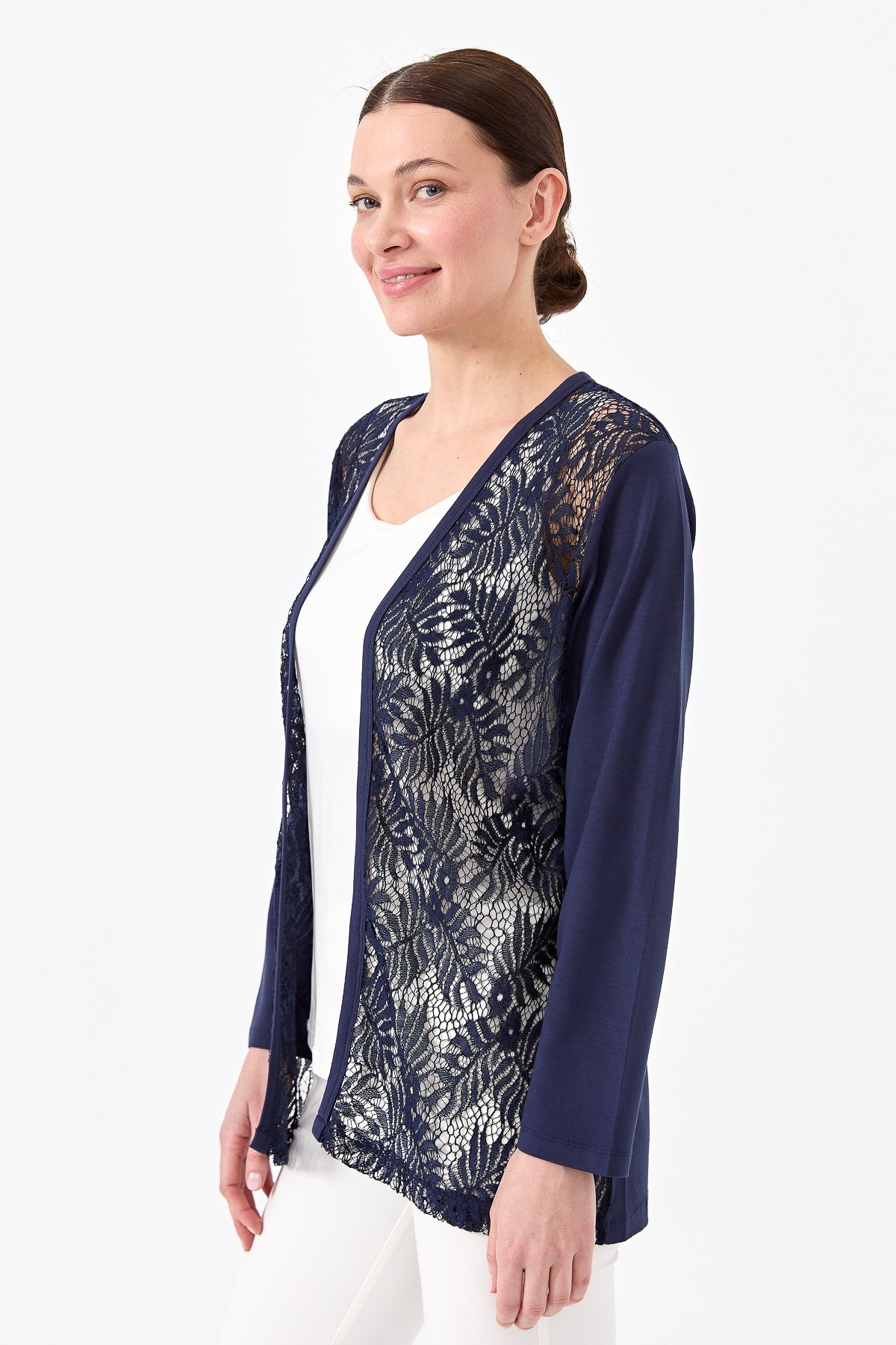 22768Kadın Sıfır Yaka Dantel Desenli Penye Ceket Lacivert