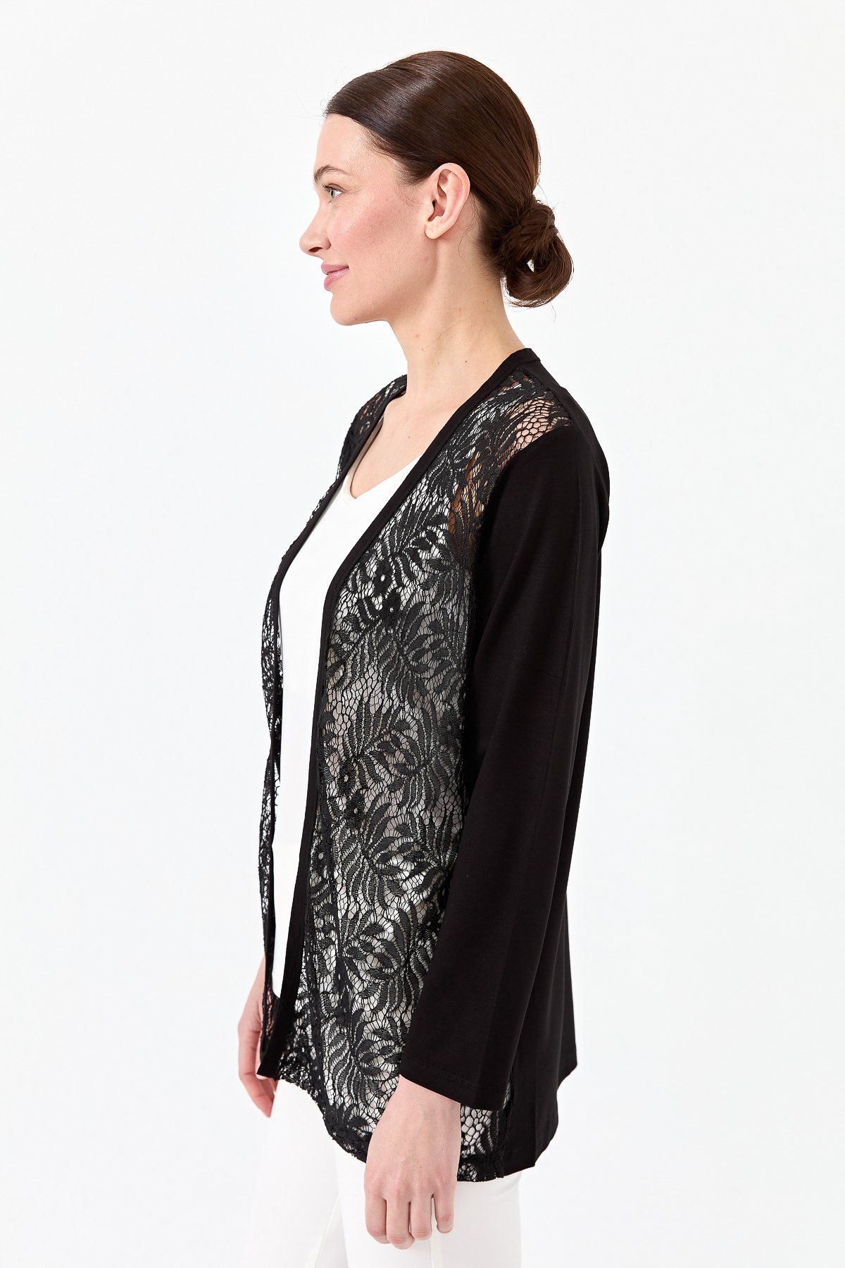 22768Kadın Sıfır Yaka Dantel Desenli Penye Ceket Siyah