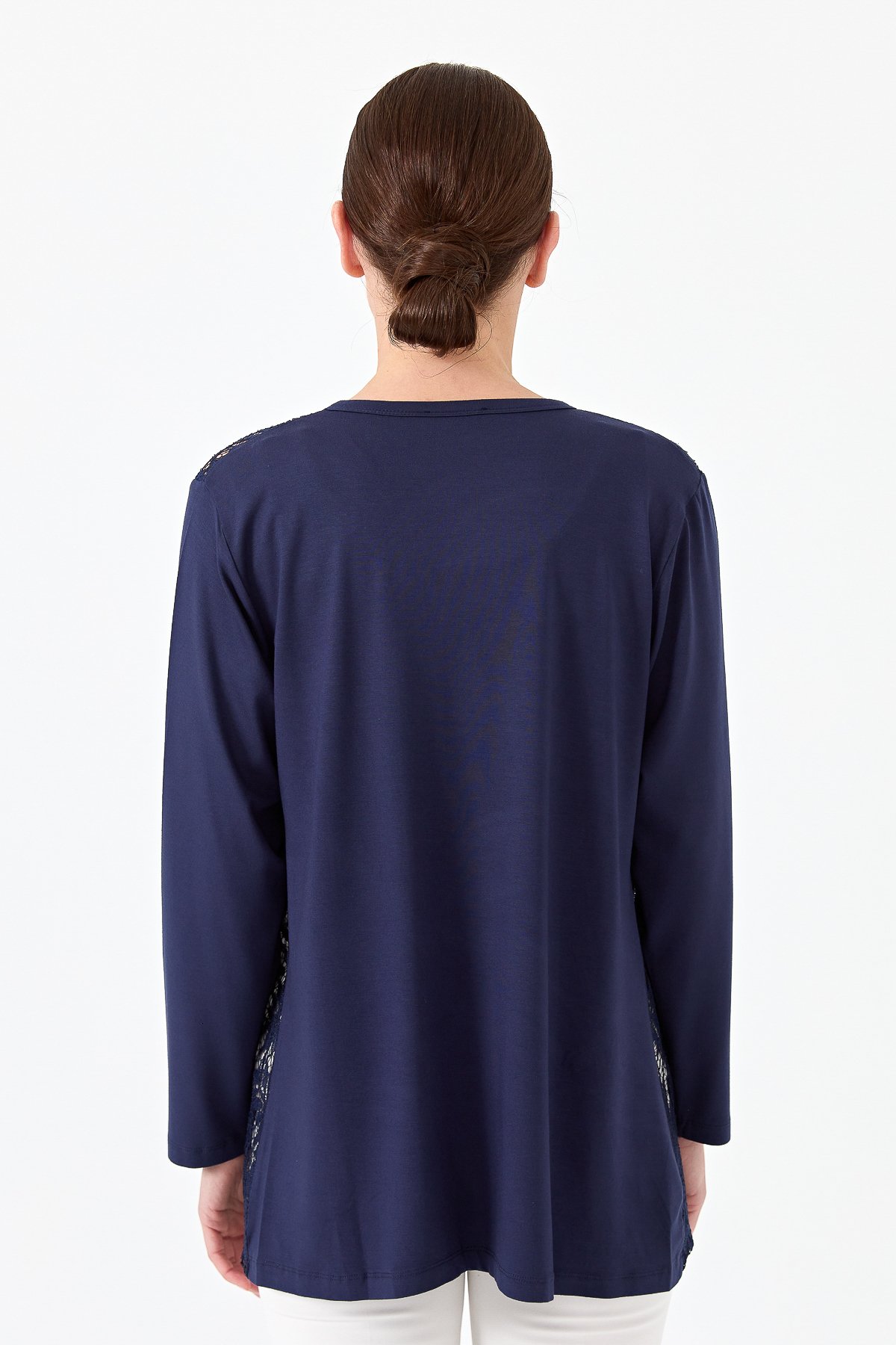 22768Kadın Sıfır Yaka Dantel Desenli Penye Ceket Lacivert