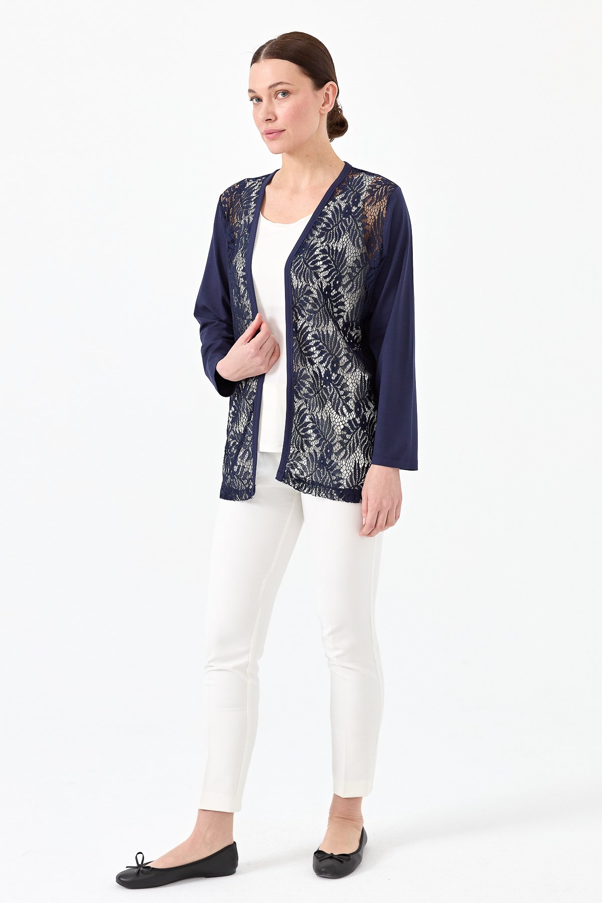 22768Kadın Sıfır Yaka Dantel Desenli Penye Ceket Lacivert
