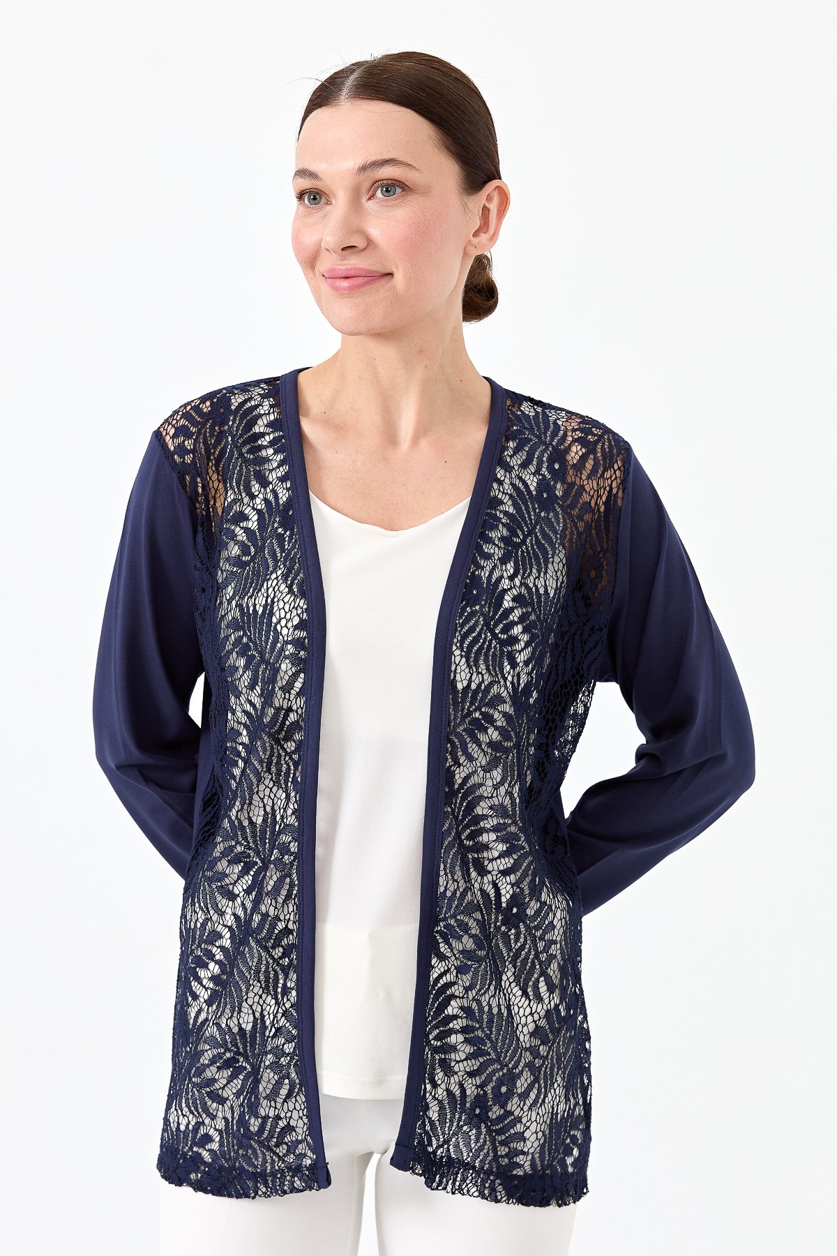 22768Kadın Sıfır Yaka Dantel Desenli Penye Ceket Lacivert