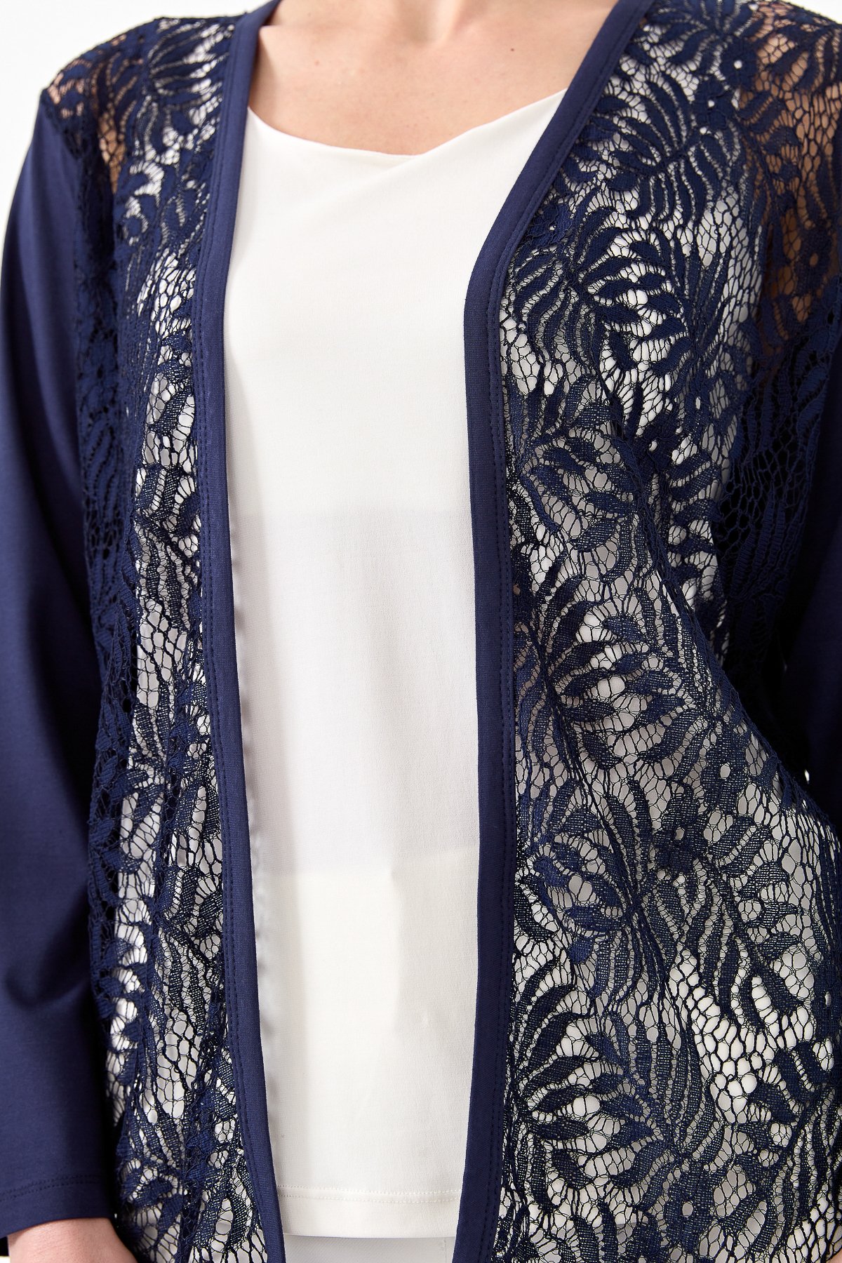 22768Kadın Sıfır Yaka Dantel Desenli Penye Ceket Lacivert