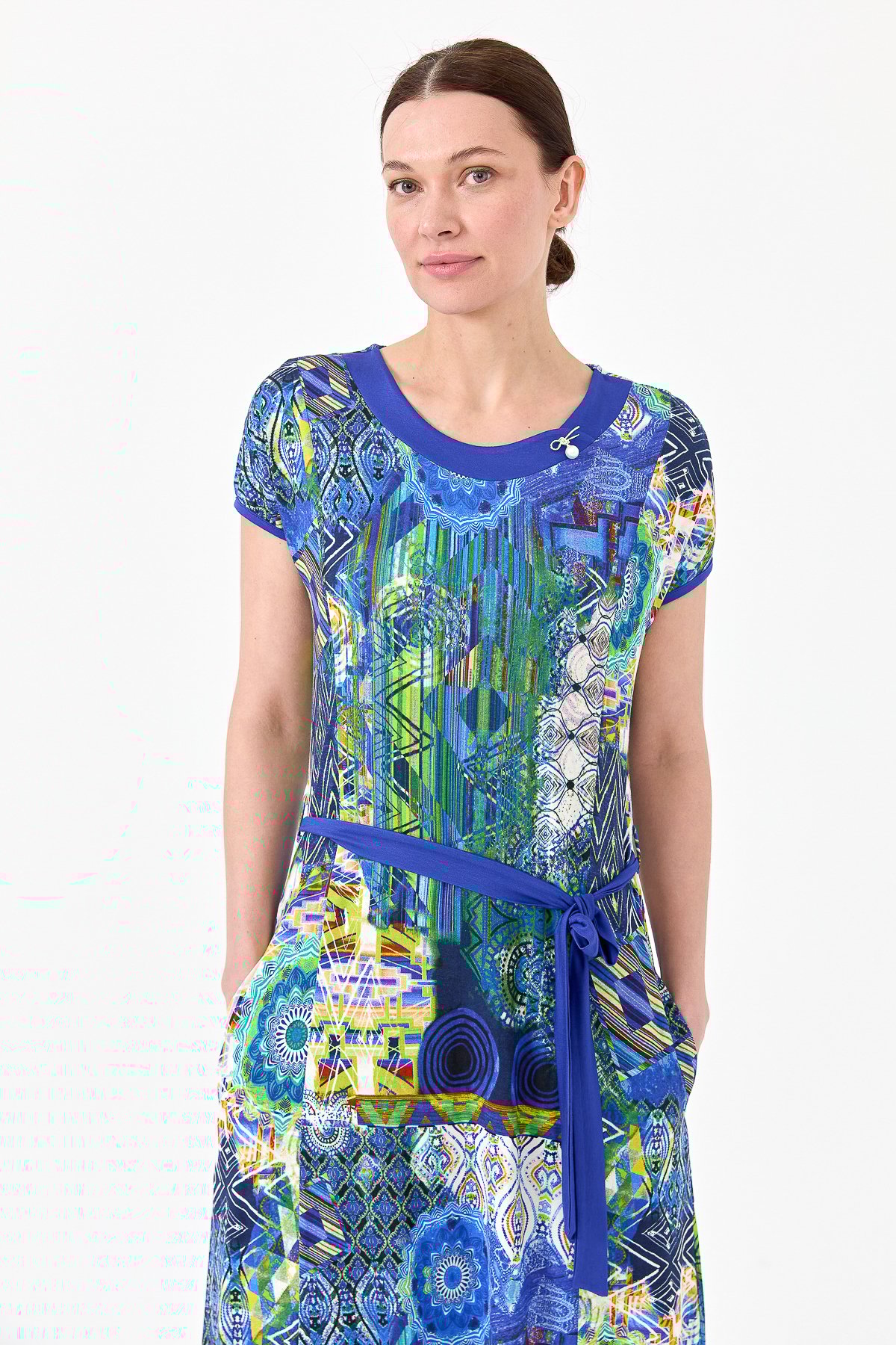 23714Kadın Sıfır Yaka Desenli Penye Elbise Saks