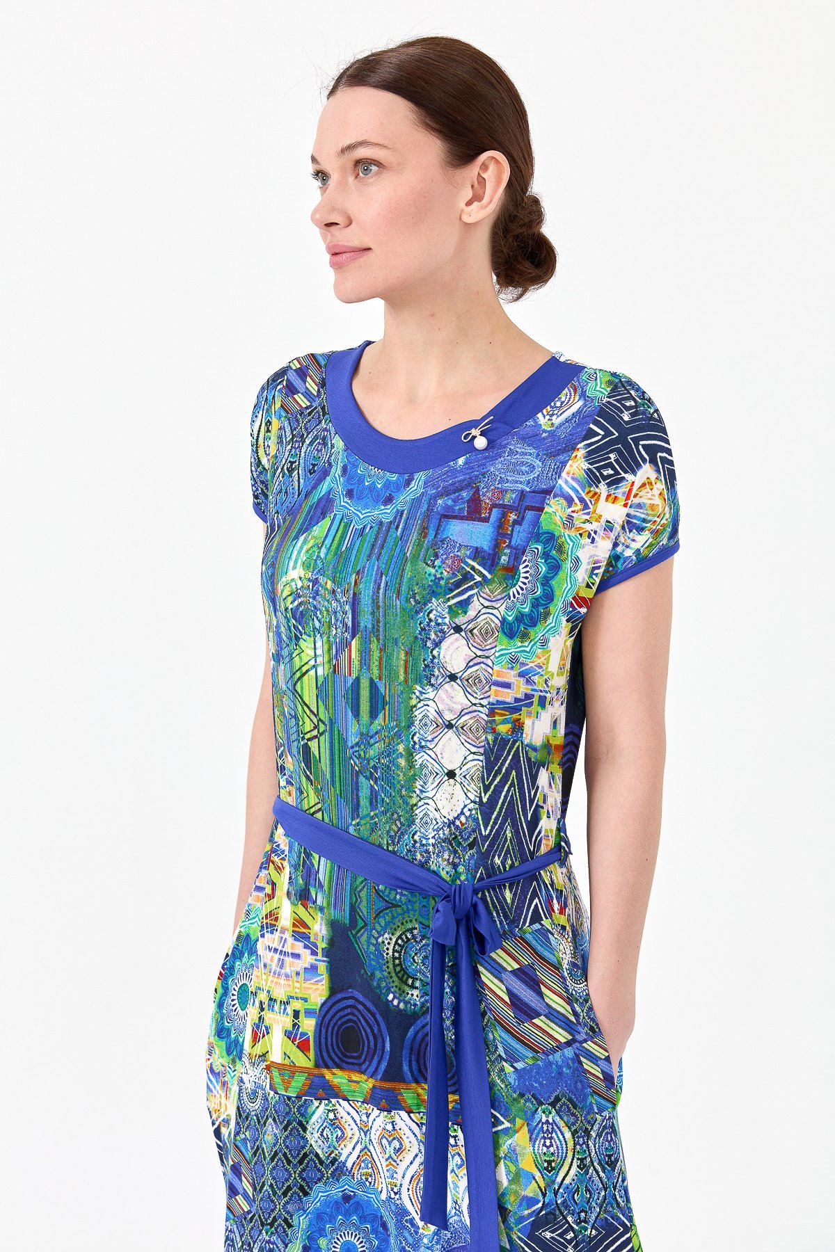 23714Kadın Sıfır Yaka Desenli Penye Elbise Saks