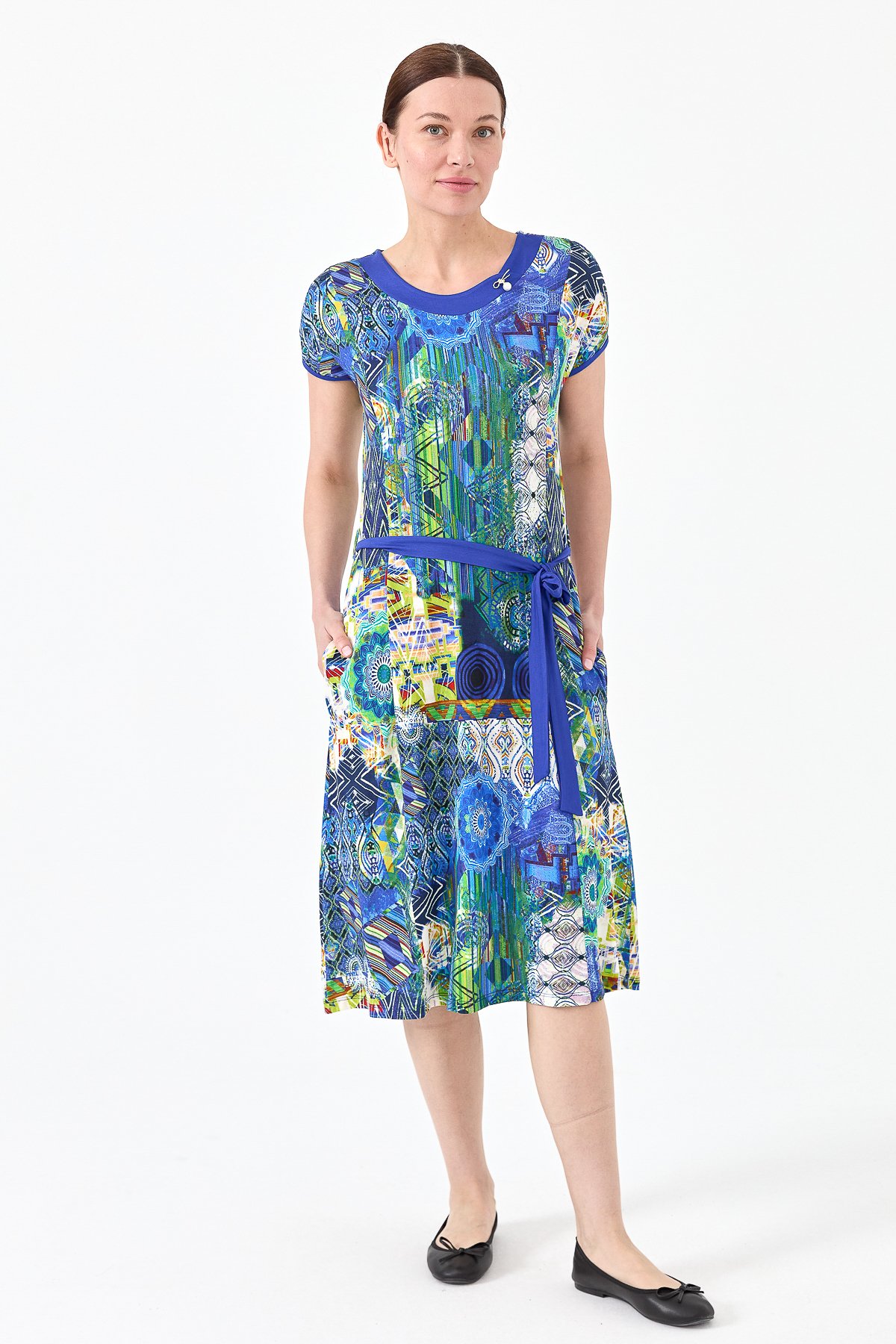 23714Kadın Sıfır Yaka Desenli Penye Elbise Saks