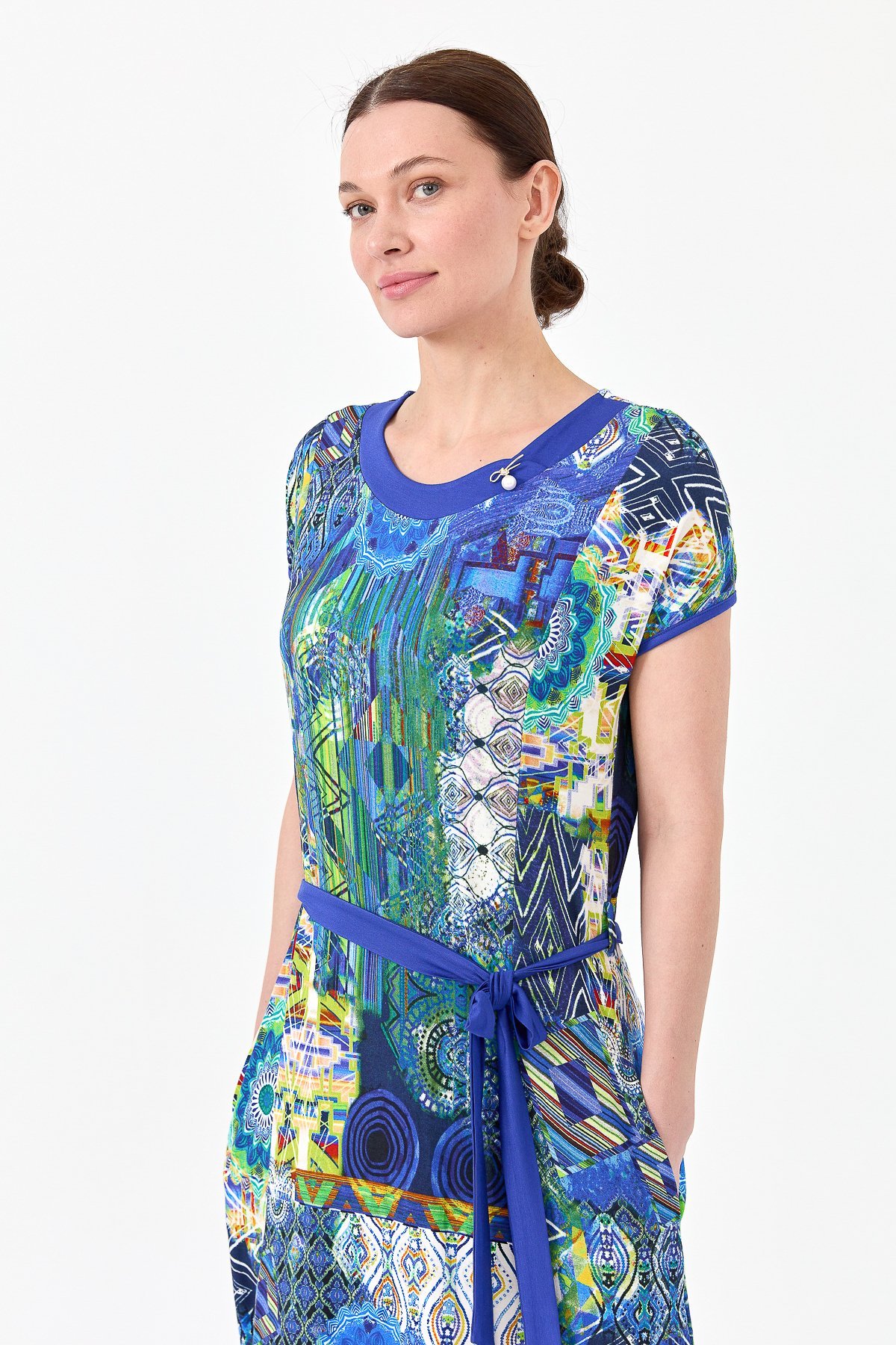 23714Kadın Sıfır Yaka Desenli Penye Elbise Saks