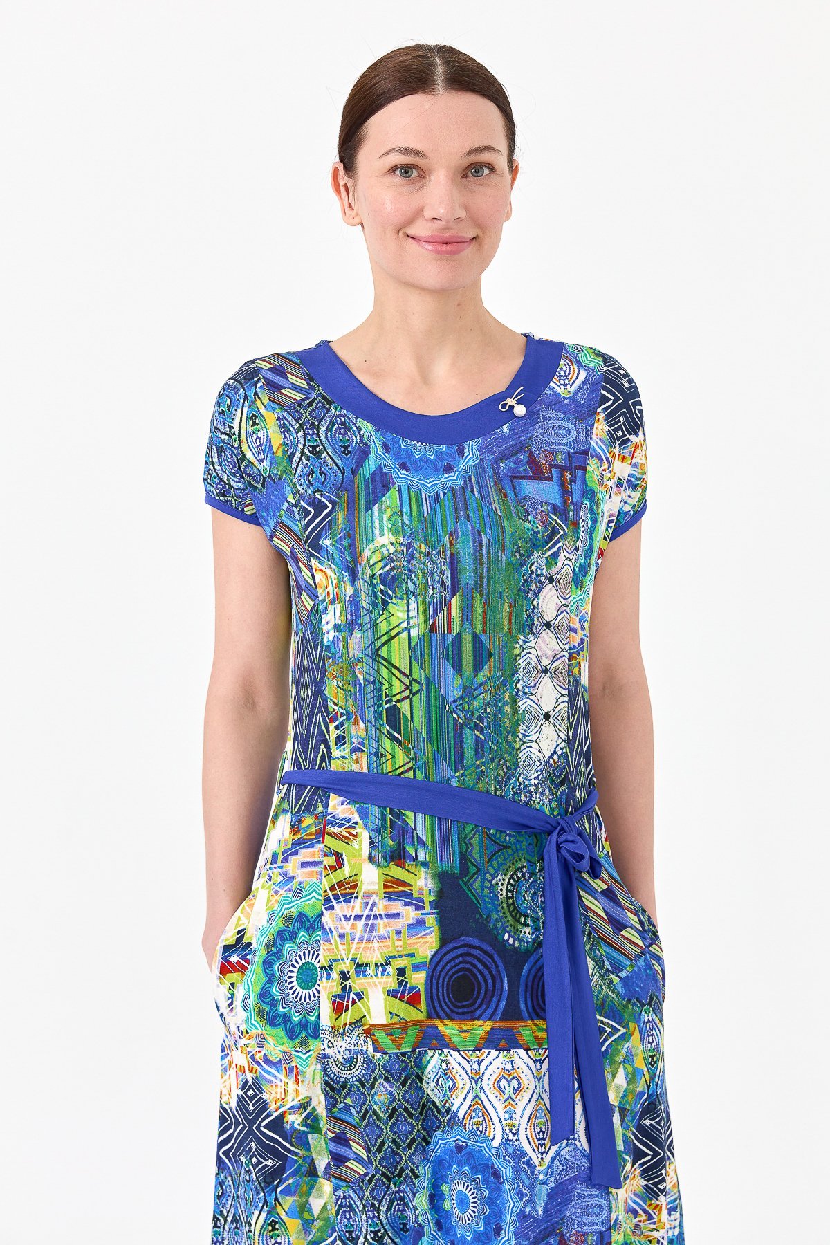 23714Kadın Sıfır Yaka Desenli Penye Elbise Saks