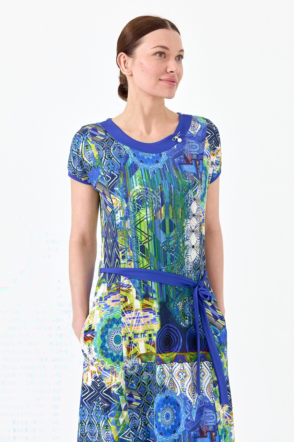 23714Kadın Sıfır Yaka Desenli Penye Elbise Saks