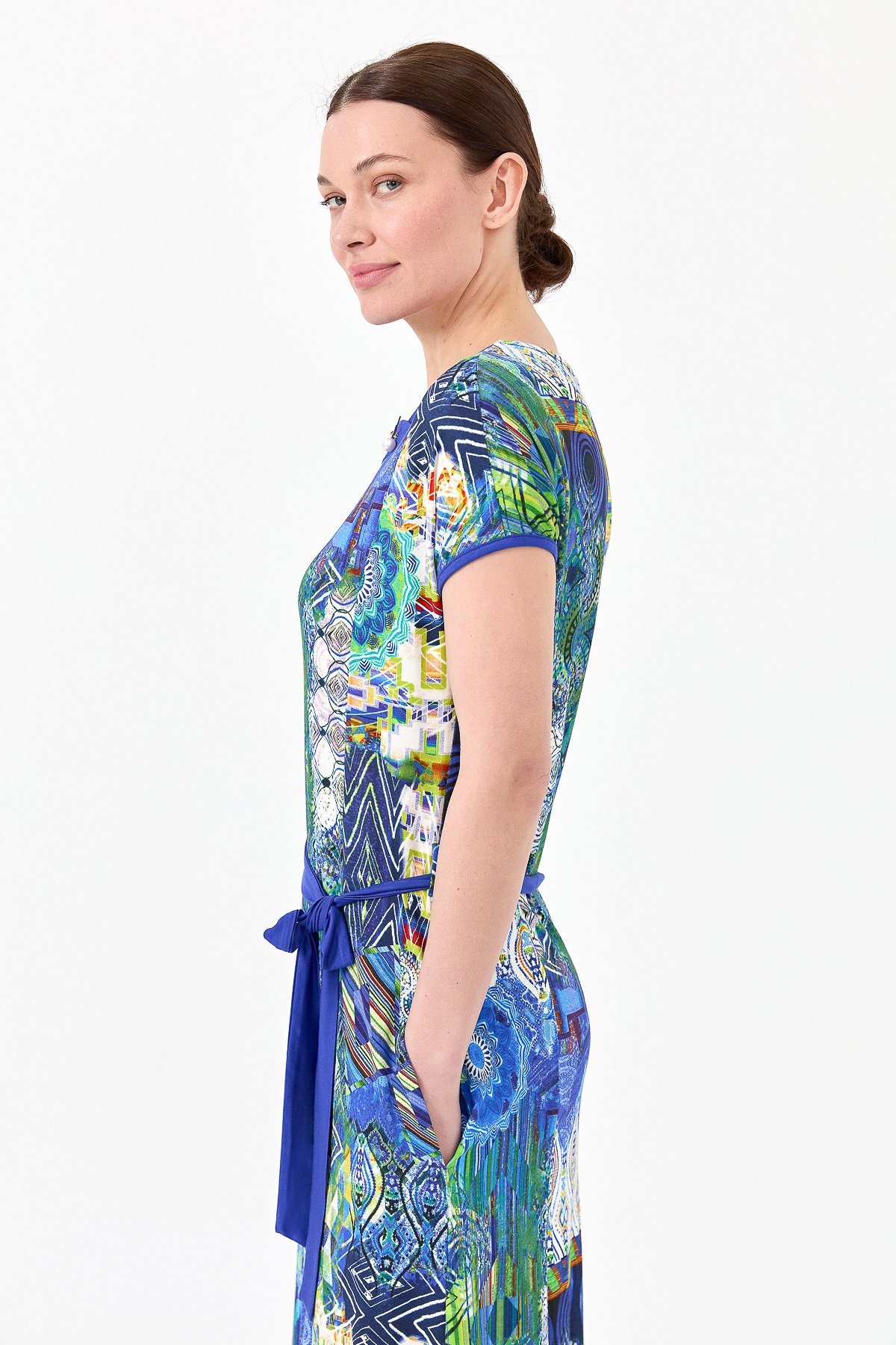 23714Kadın Sıfır Yaka Desenli Penye Elbise Saks