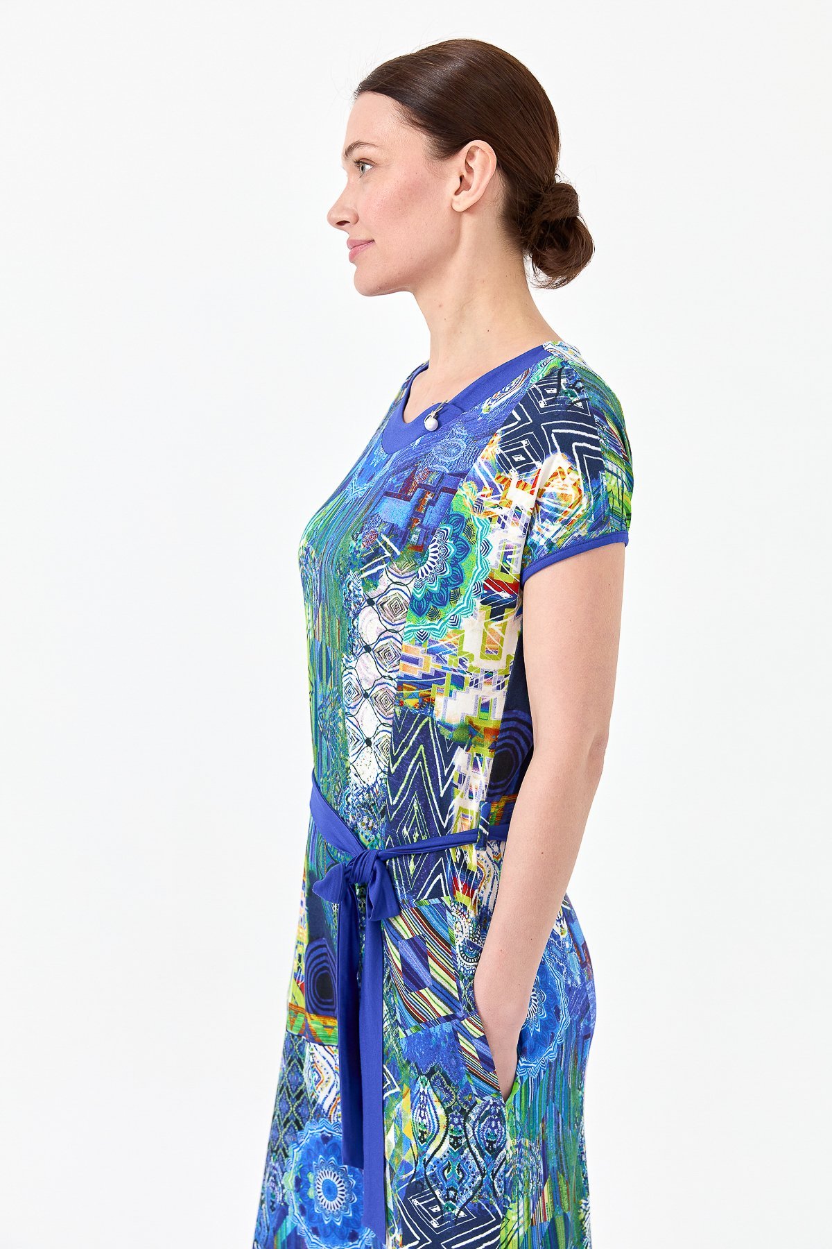 23714Kadın Sıfır Yaka Desenli Penye Elbise Saks