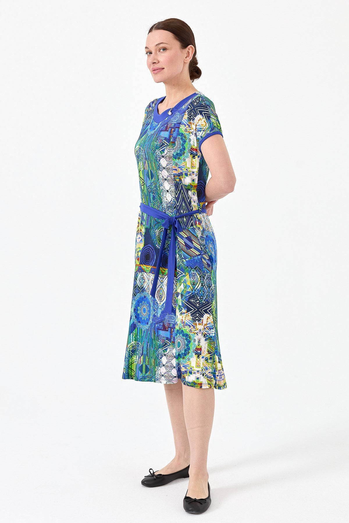 23714Kadın Sıfır Yaka Desenli Penye Elbise Saks