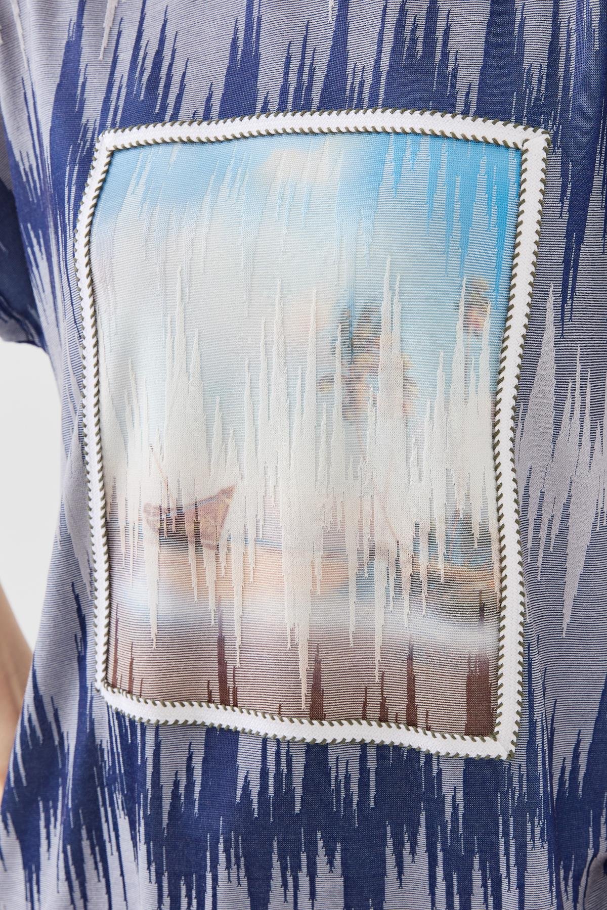 23761Kadın Sıfır Yaka Desenli Penye T-shirt Lacivert